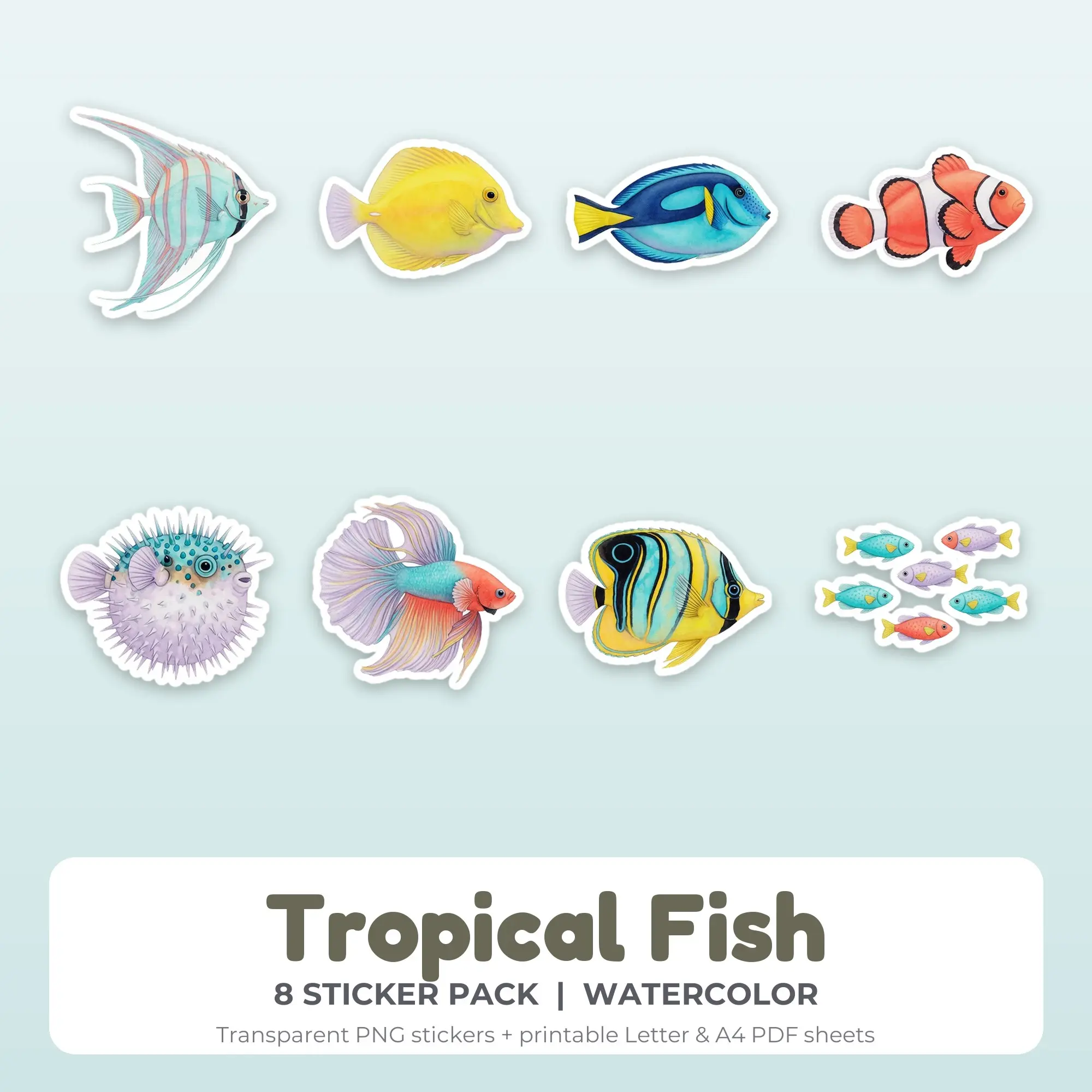 Printable Tropical Fish Sticker Pack, Watercolor Style - 8 PNG preview