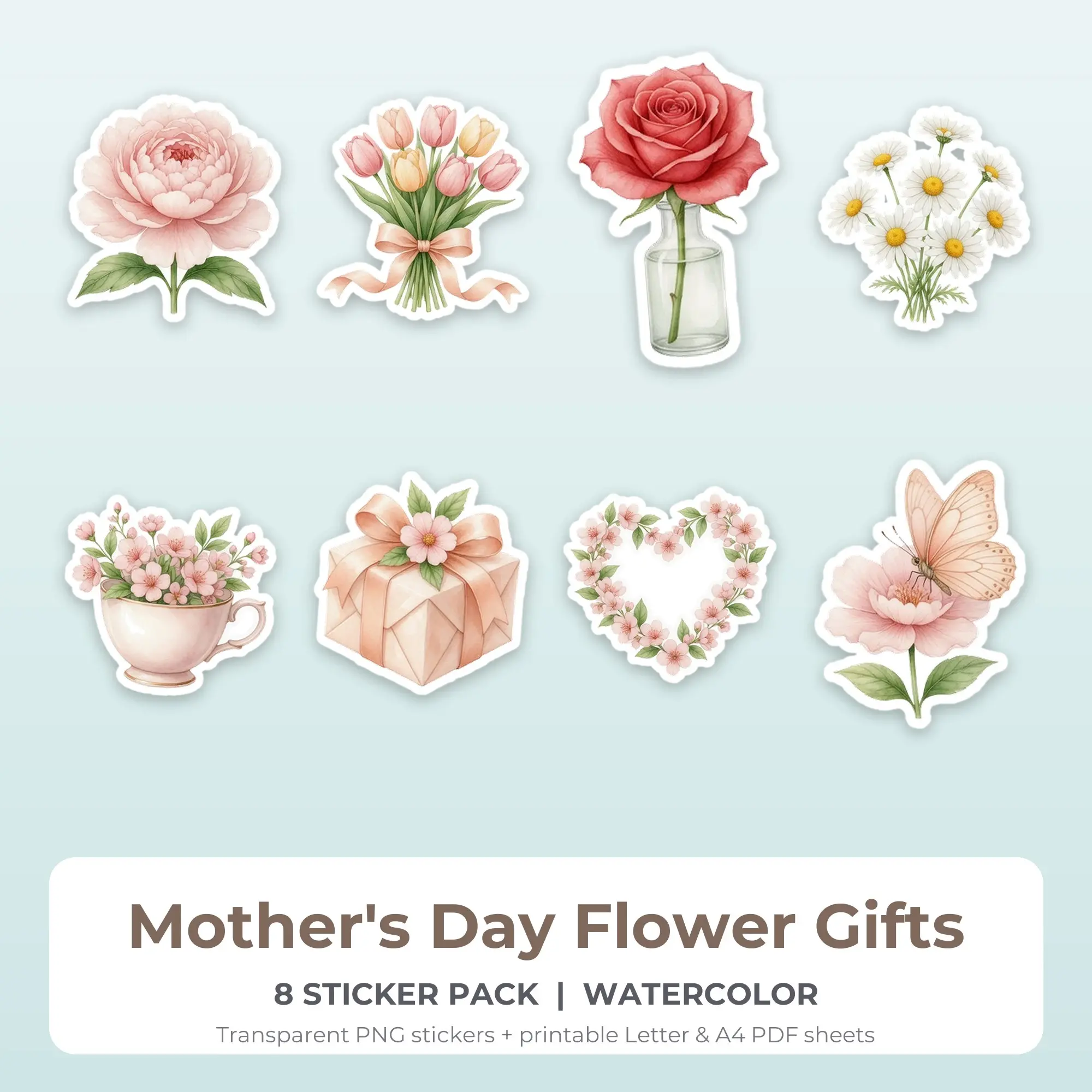 Mother's Day Flower Gifts Stickers, 8 PNG + Printable PDF Sheet preview