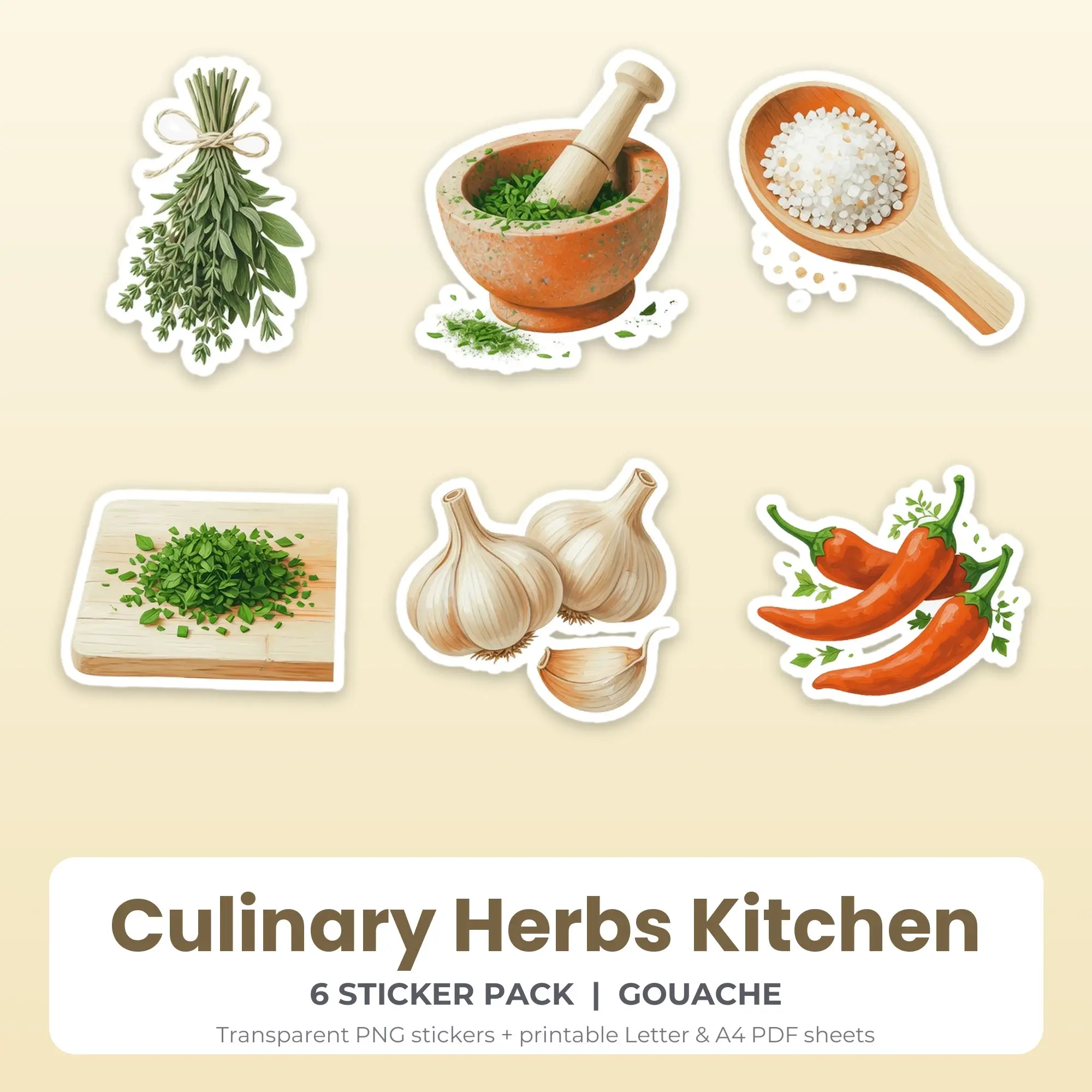 Culinary Herbs Kitchen Stickers, 6 PNG + Printable PDF Sheet preview