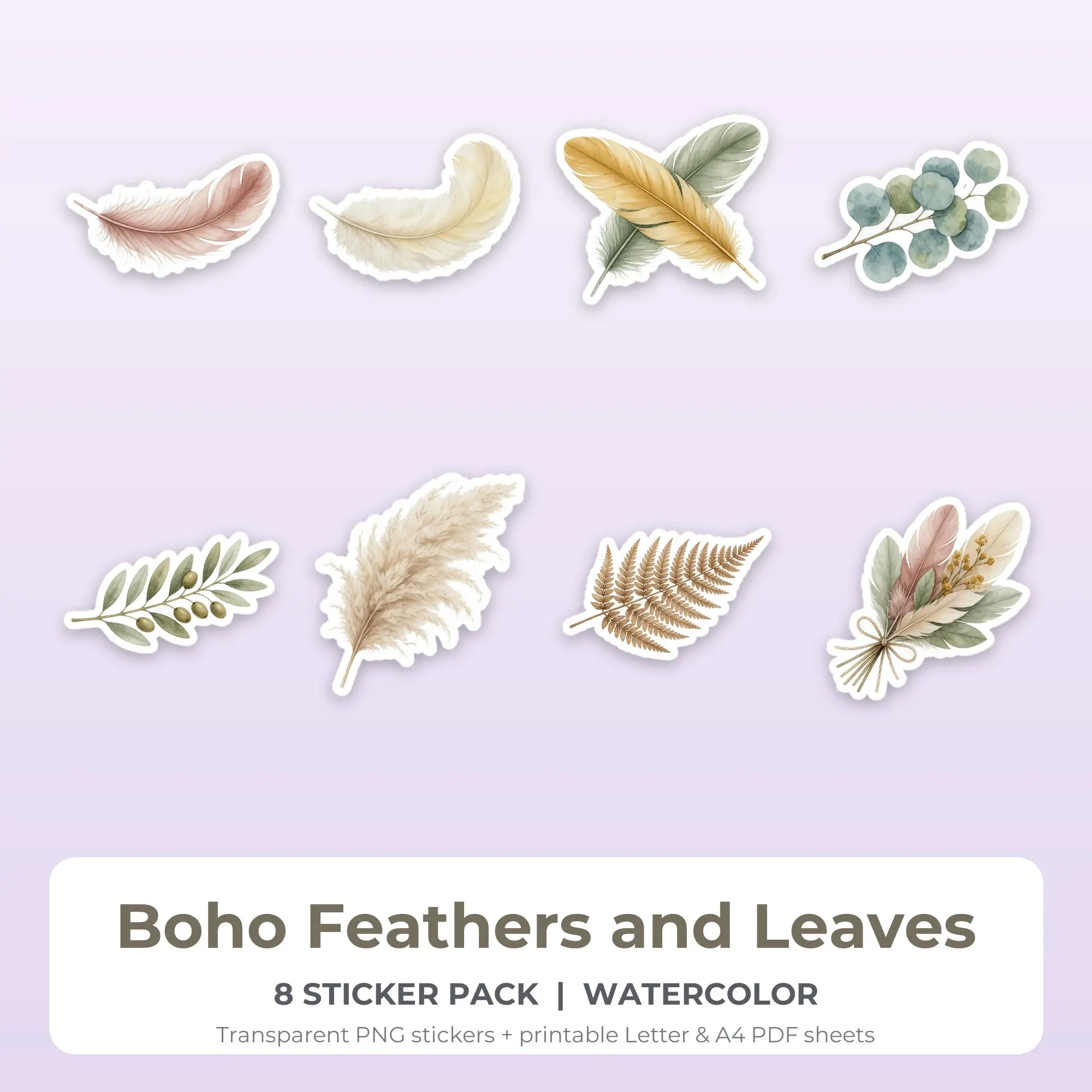 Boho Feathers and Leaves Stickers, 8 PNG + Printable PDF Sheet preview