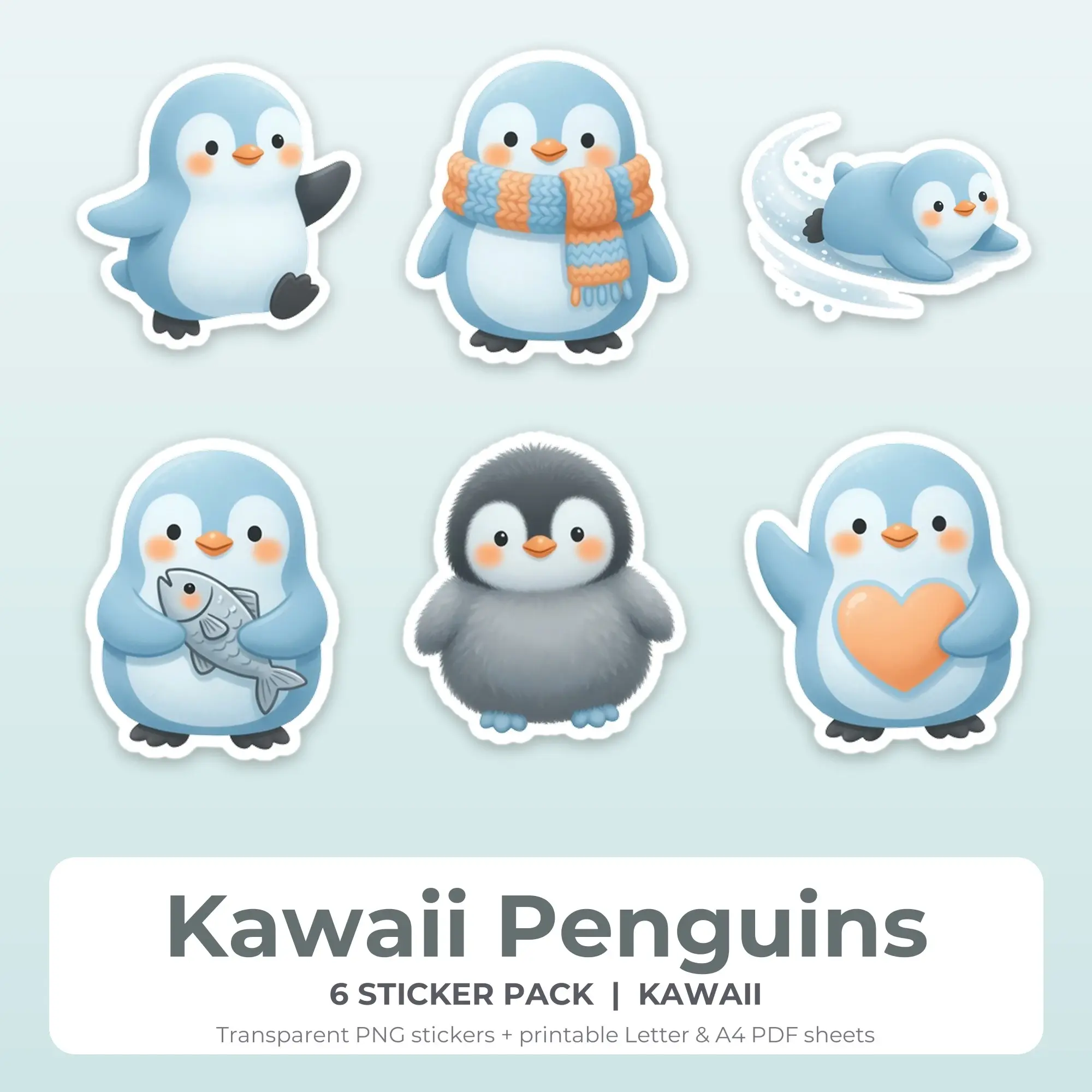 Kawaii Penguins Sticker Set - 6 Printable PNG preview