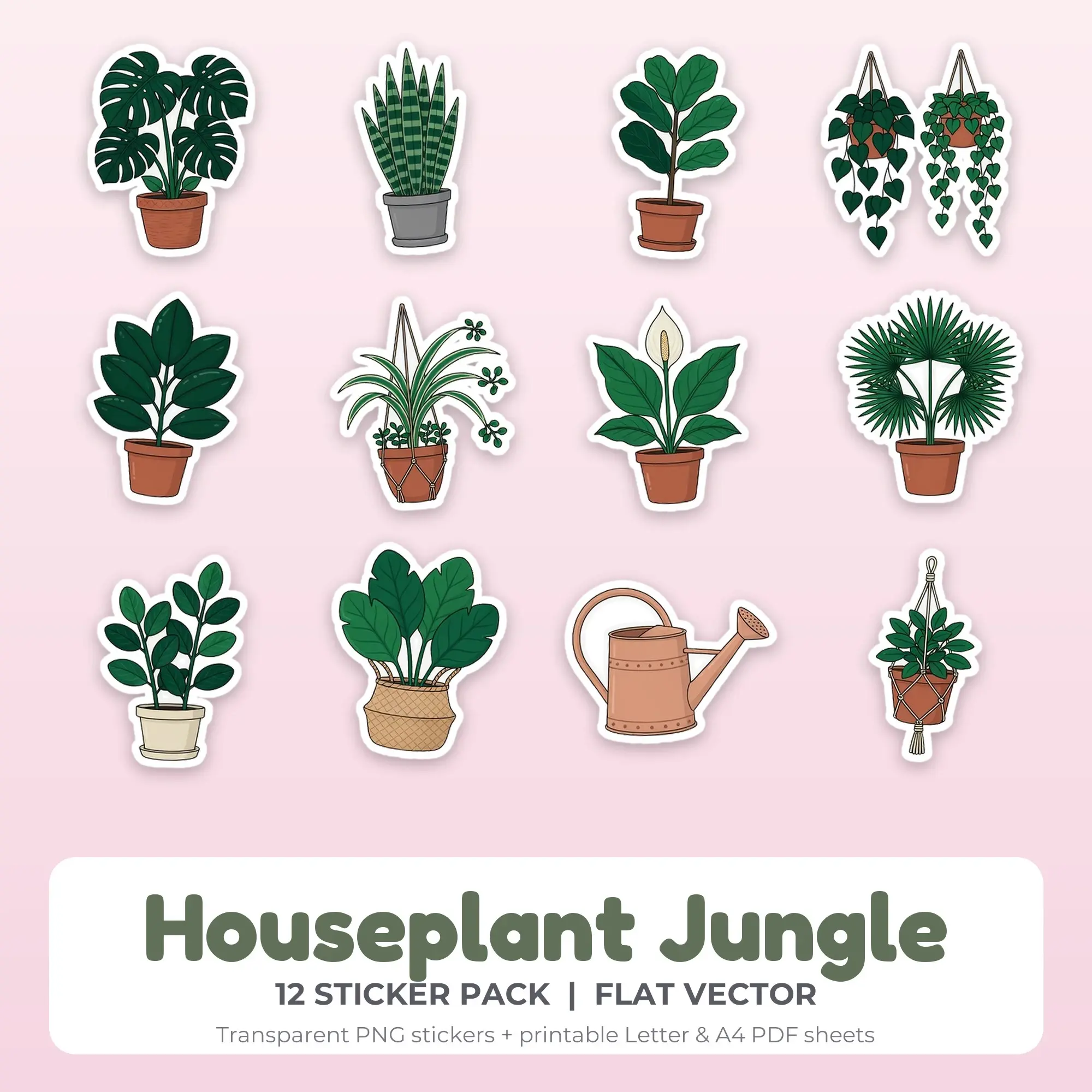 Printable Houseplant Jungle Sticker Pack, Flat Vector Style - 12 PNG preview