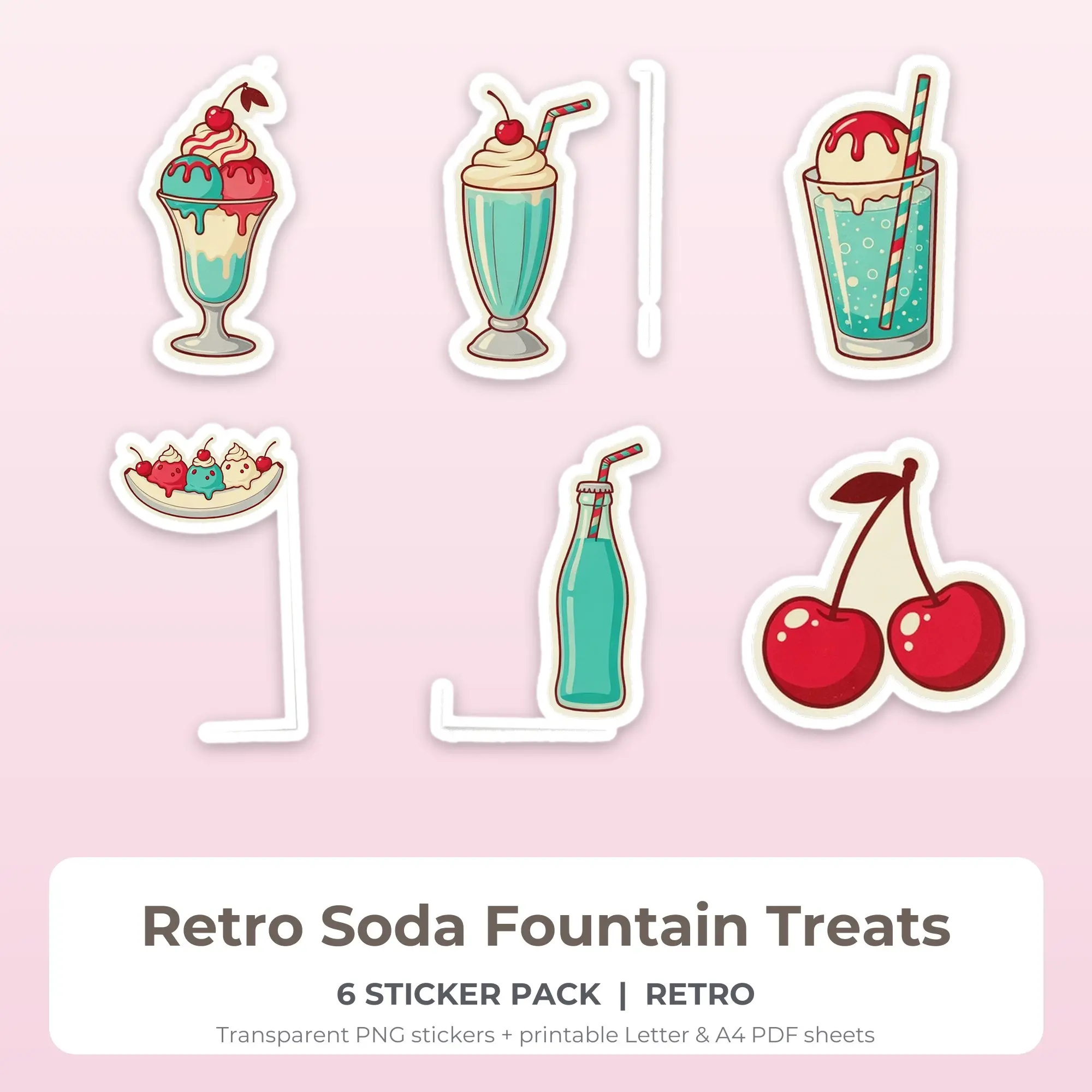 6 Retro Soda Fountain Treats Stickers - Printable Sticker Sheet PDF preview