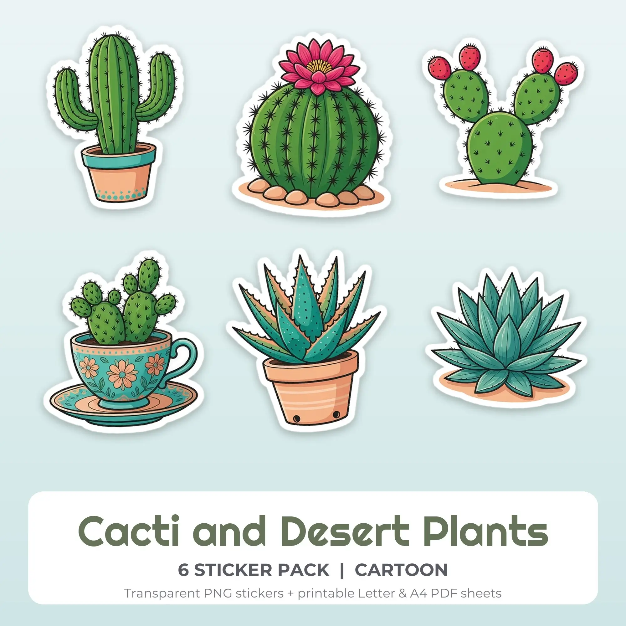 Cartoon Cacti and Desert Plants Sticker Set - 6 Printable PNG preview