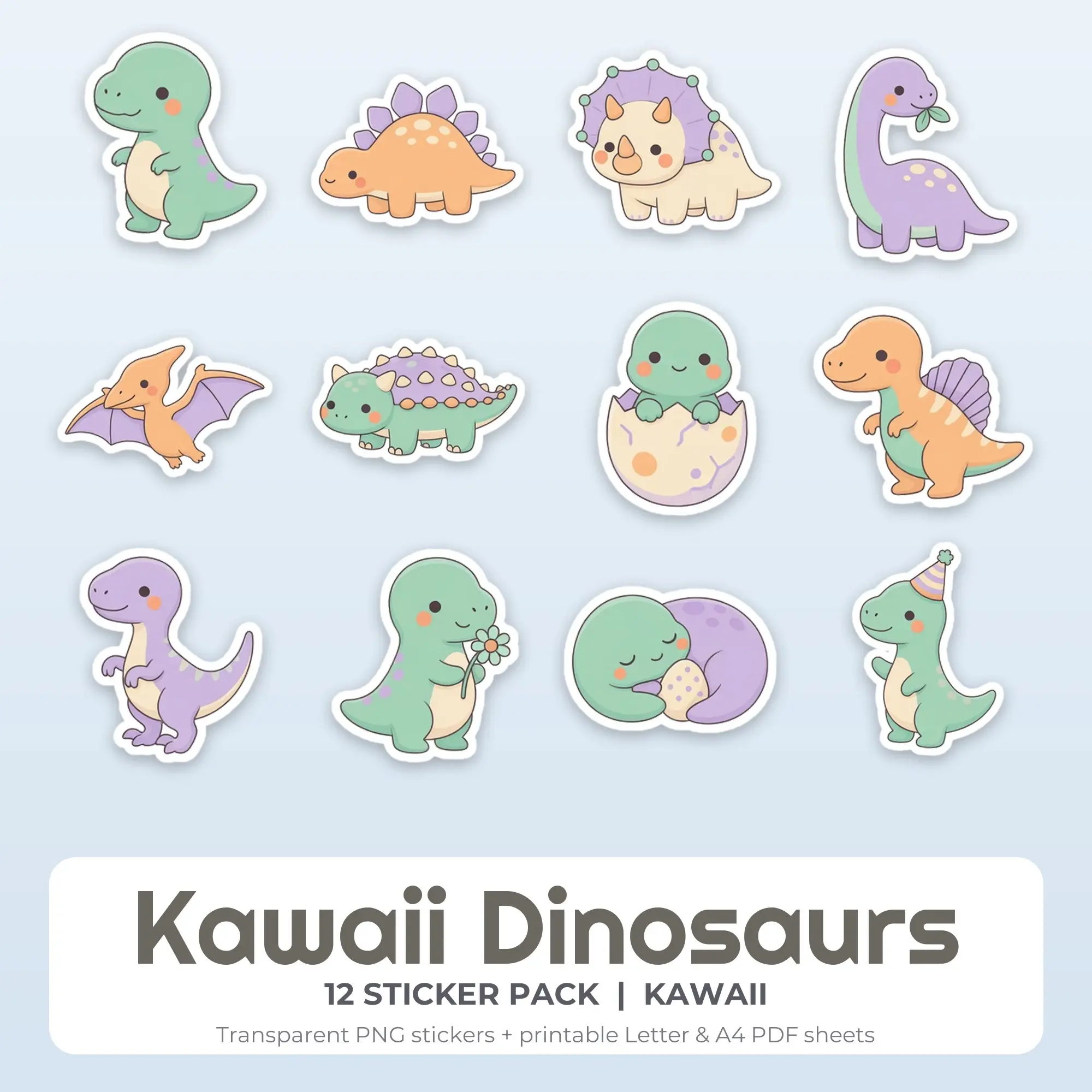 12 Kawaii Dinosaurs Stickers - Printable Sticker Sheet PDF, preview 1 of 2