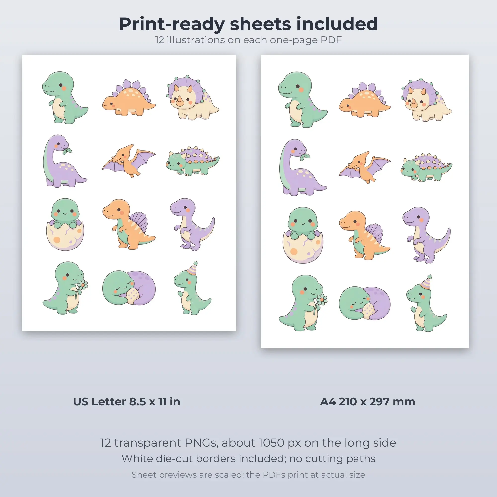12 Kawaii Dinosaurs Stickers - Printable Sticker Sheet PDF, preview 2 of 2