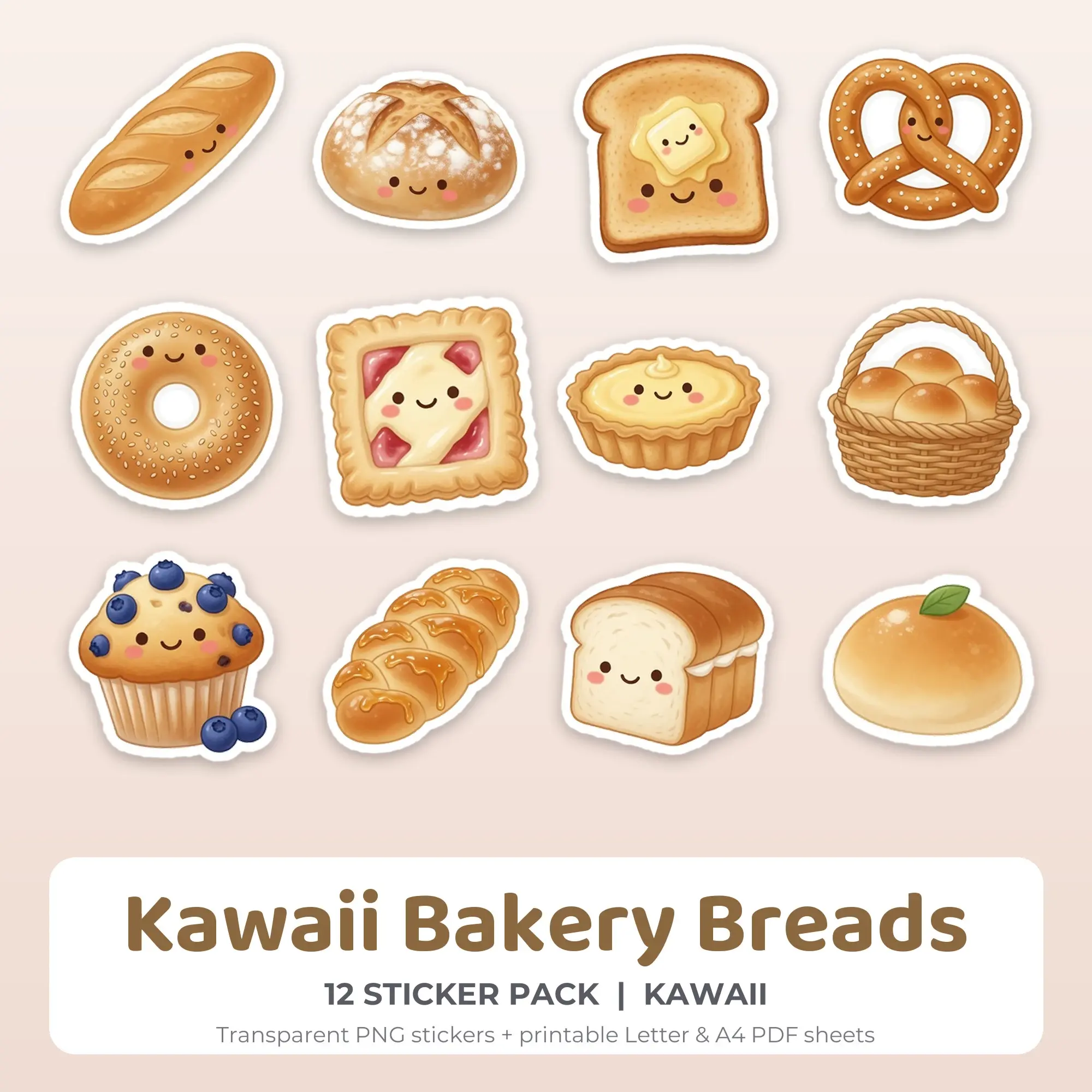 Kawaii Bakery Breads Printable Stickers - 12 Die-Cut PNG + PDF preview