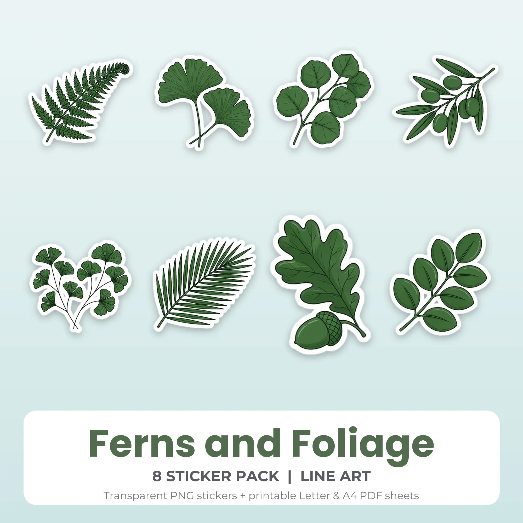 Ferns and Foliage Stickers, 8 PNG + Printable PDF Sheet preview