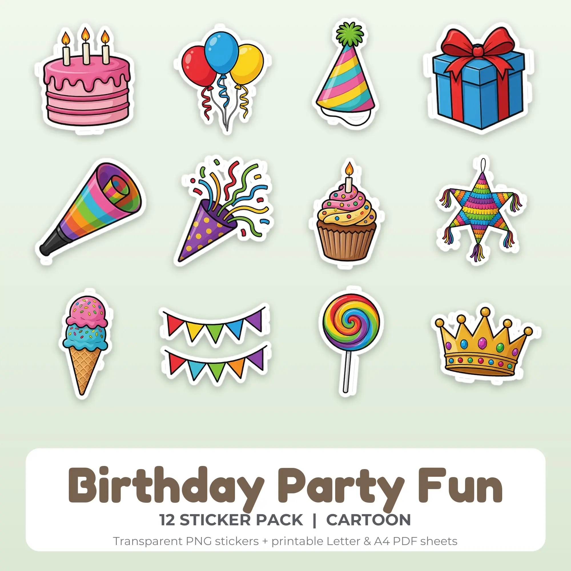 Birthday Party Fun Printable Stickers - 12 Die-Cut PNG + PDF preview