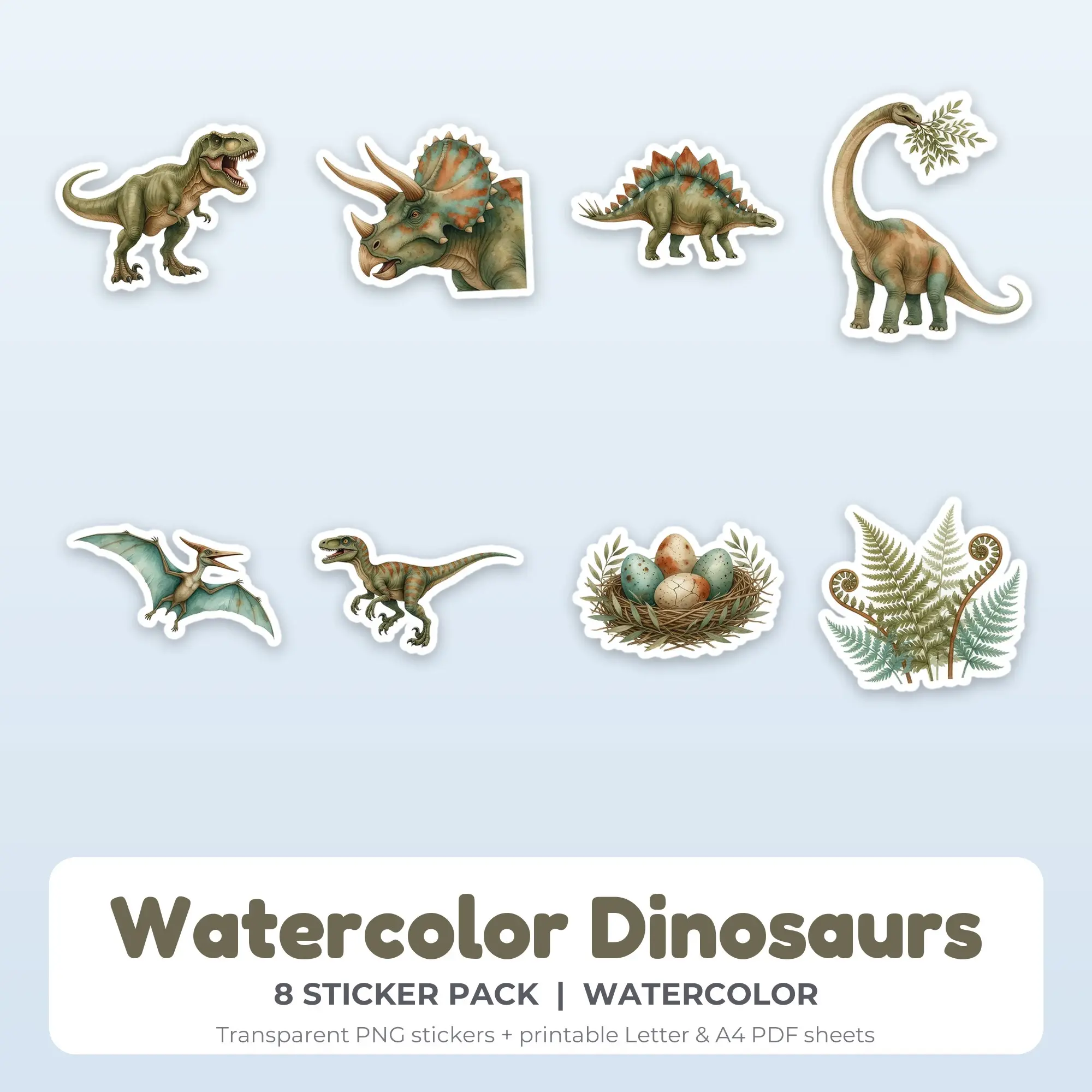 Watercolor Dinosaurs Printable Stickers - 8 Die-Cut PNG + PDF preview