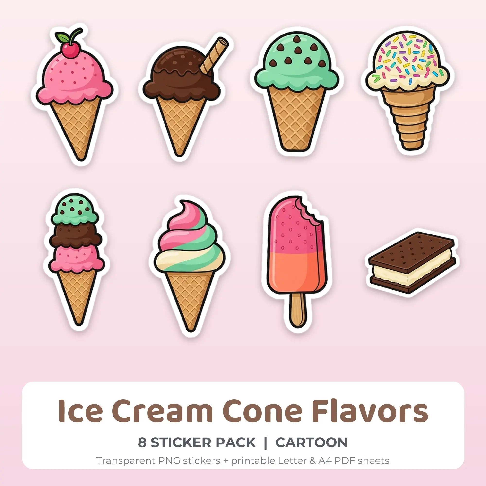 Ice Cream Cone Flavors Printable Stickers - 8 Die-Cut PNG + PDF preview