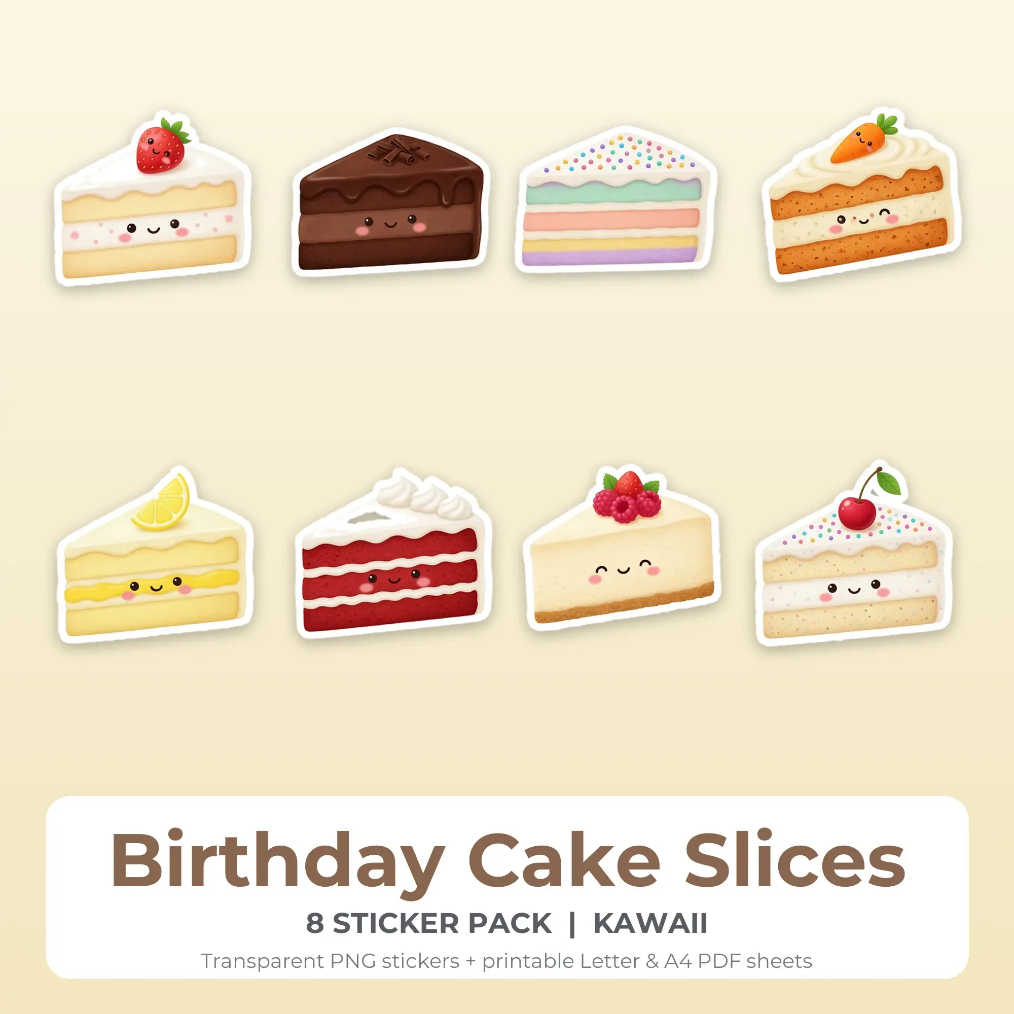 Kawaii Birthday Cake Slices Sticker Set - 8 Printable PNG preview