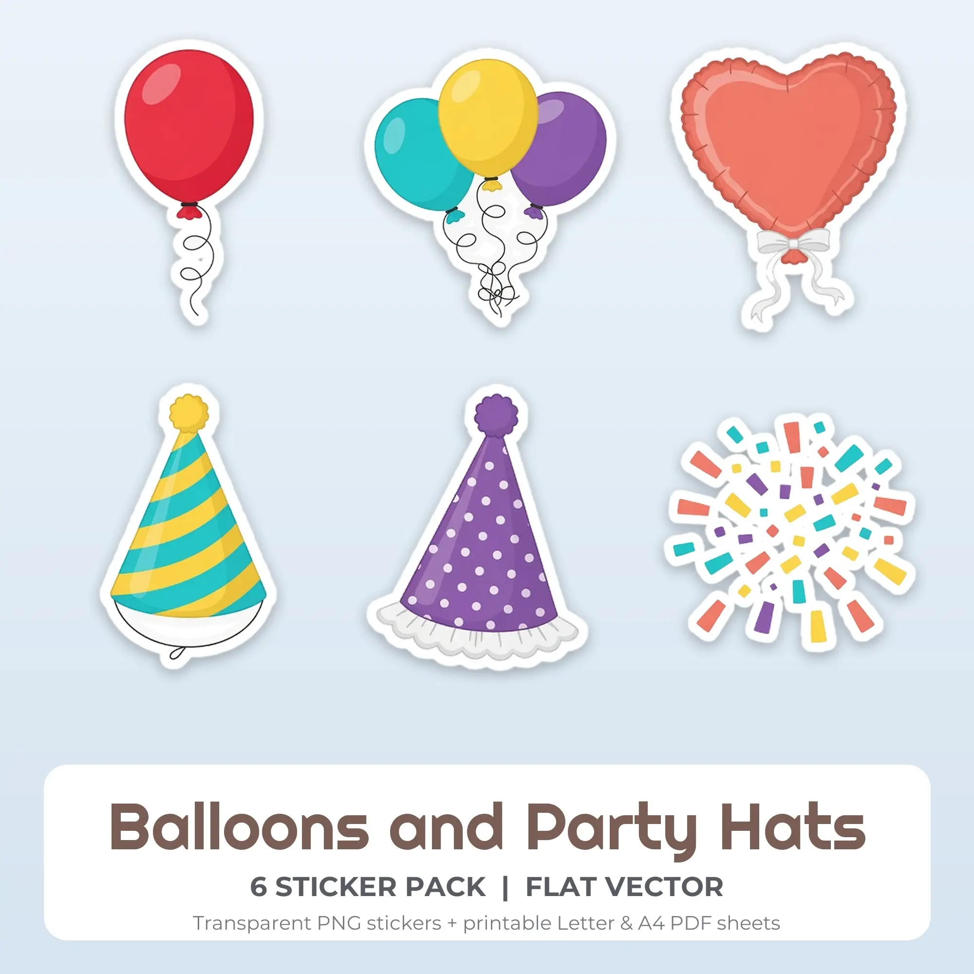Balloons and Party Hats Sticker Pack - 6 Printable Stickers preview