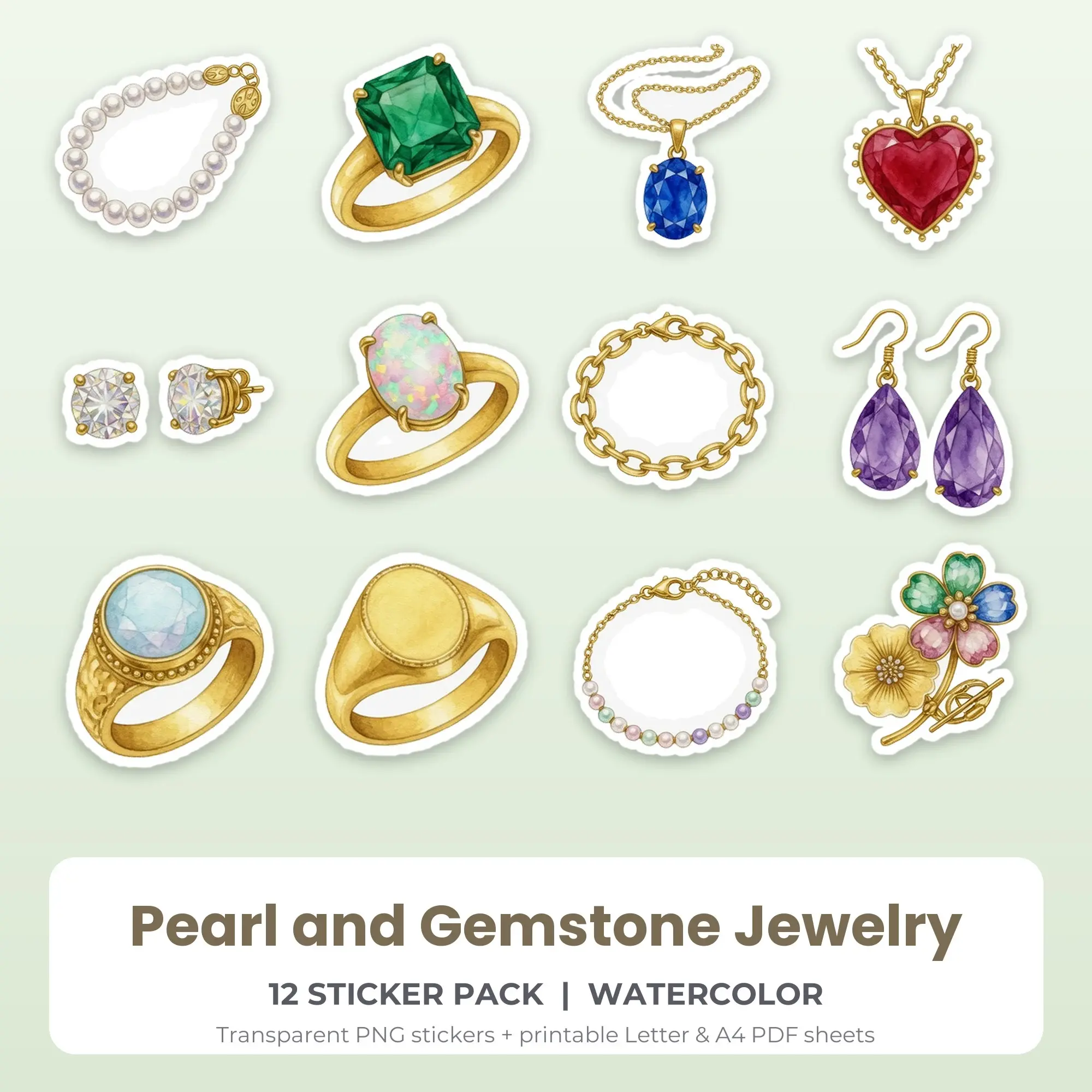Pearl and Gemstone Jewelry Stickers, 12 PNG + Printable PDF Sheet preview