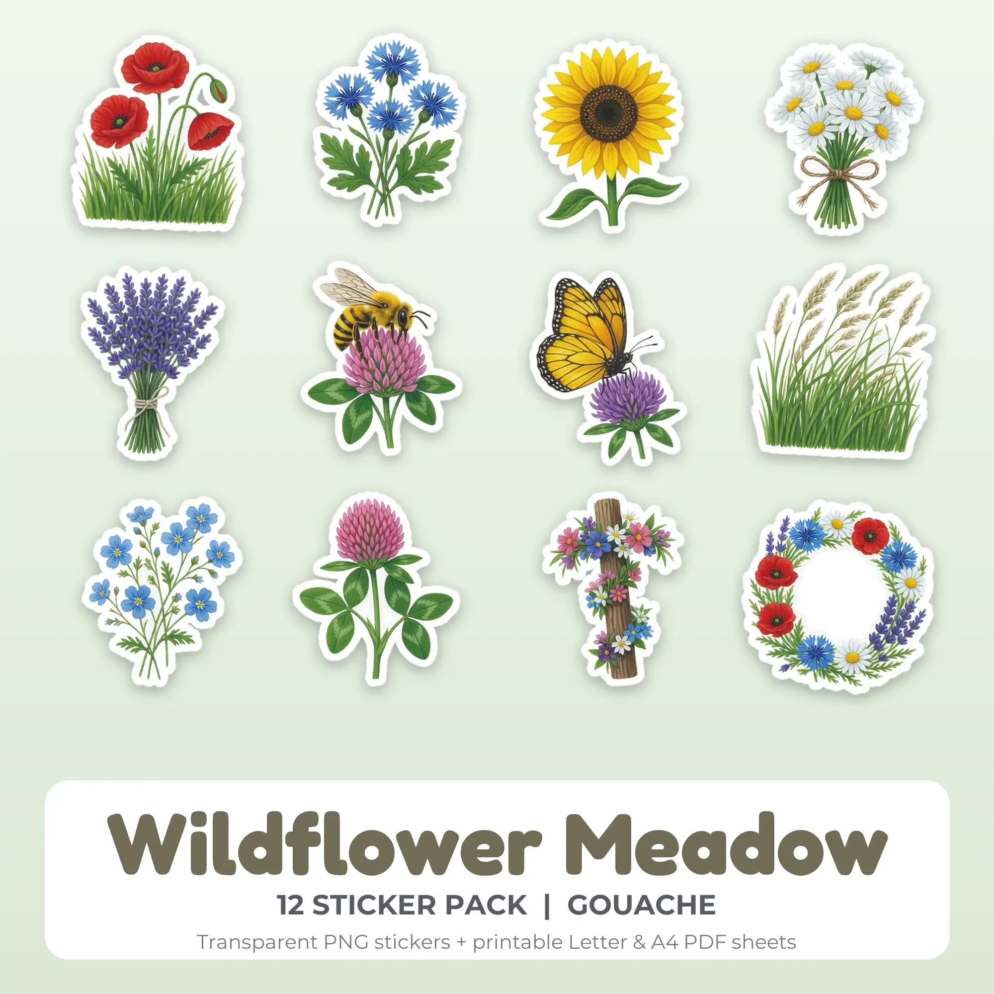 Printable Wildflower Meadow Sticker Pack, Gouache Style - 12 PNG preview