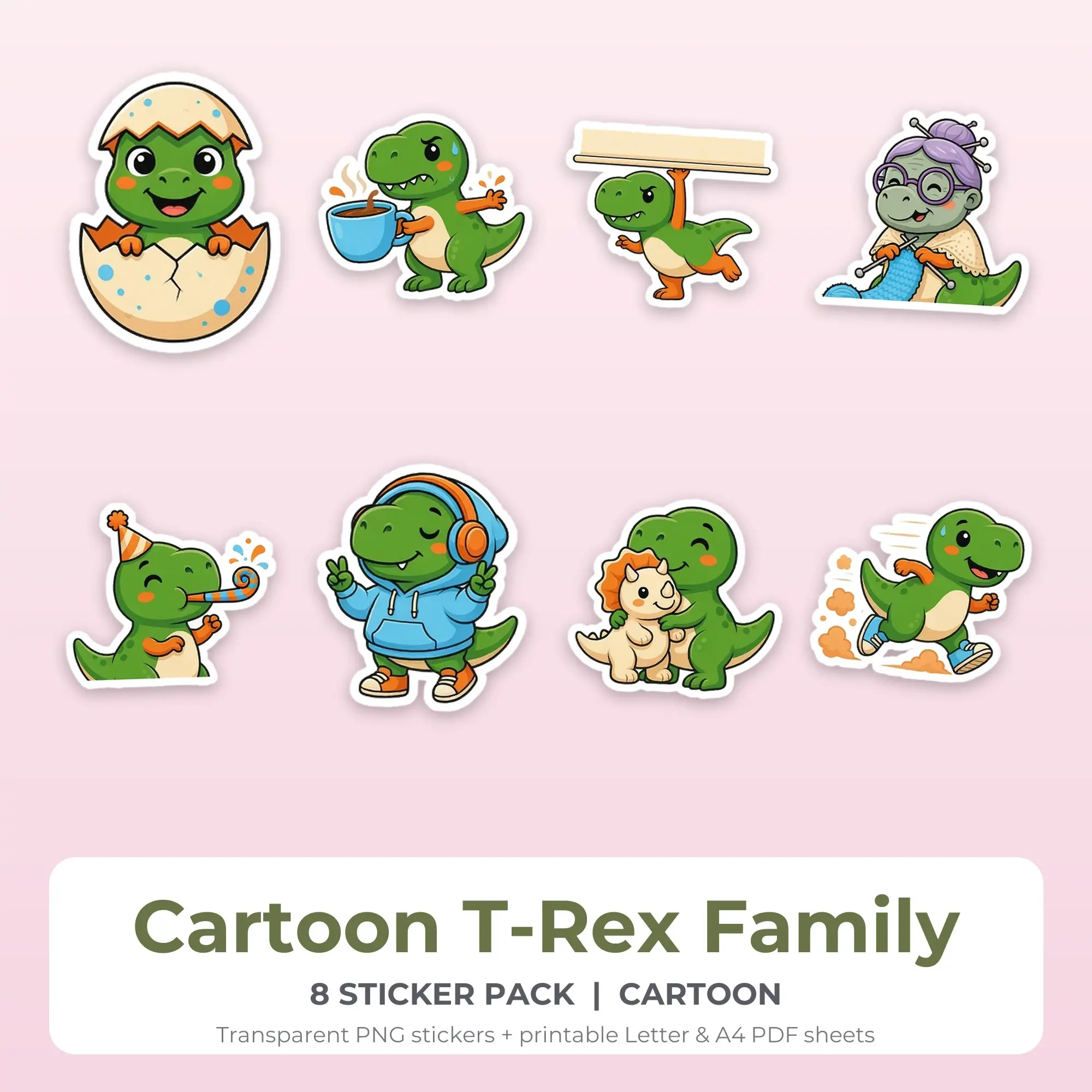 Cartoon T-Rex Family Stickers, 8 PNG + Printable PDF Sheet preview