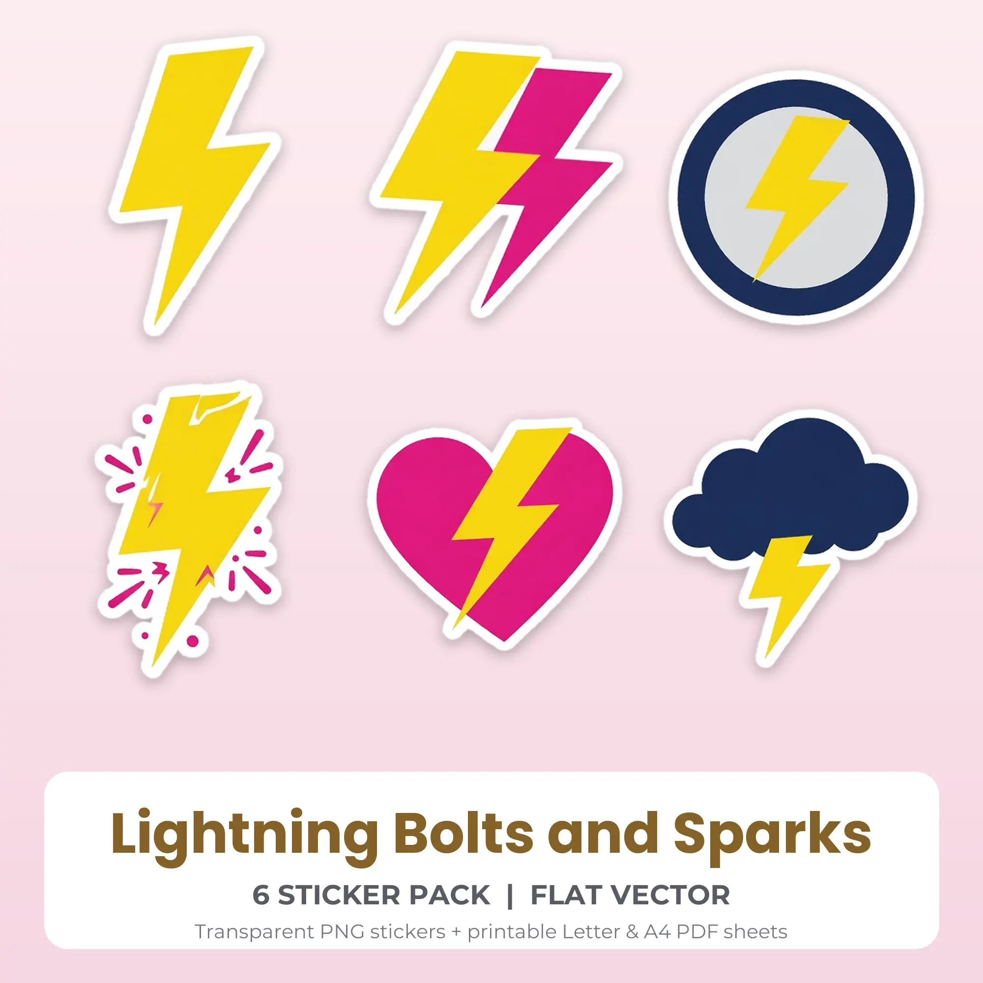 Lightning Bolts and Sparks Printable Stickers - 6 Die-Cut PNG + PDF preview
