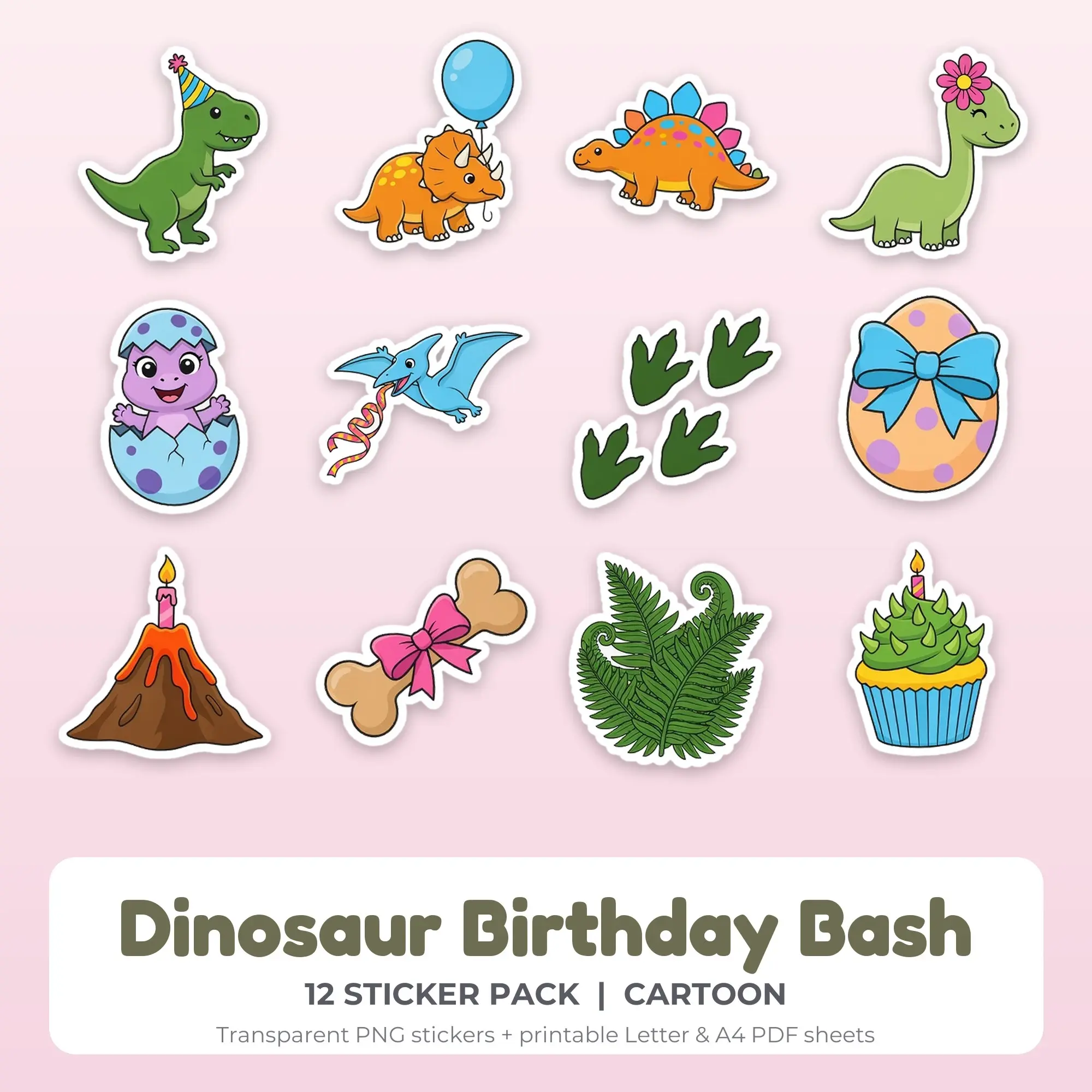 Dinosaur Birthday Bash Sticker Pack - 12 Printable Stickers preview