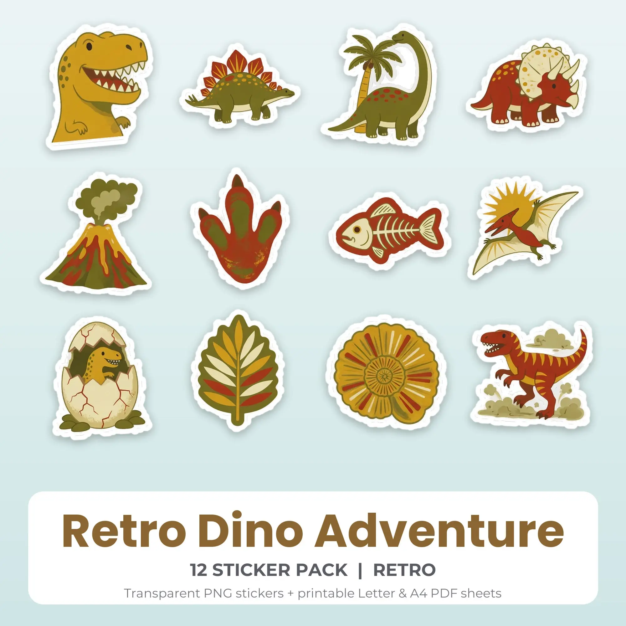 Retro Dino Adventure Stickers, 12 PNG + Printable PDF Sheet preview