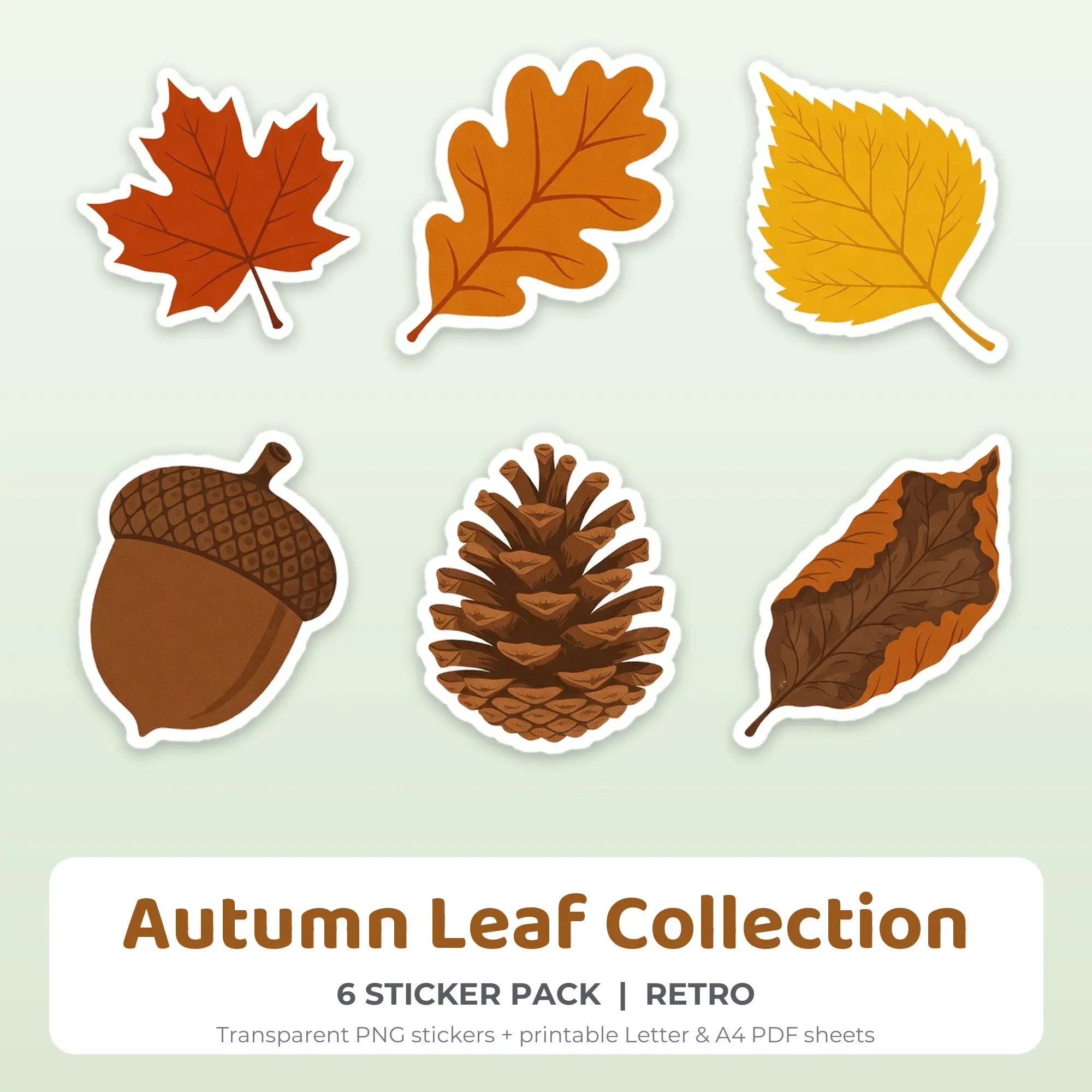 Retro Autumn Leaf Collection Sticker Set - 6 Printable PNG preview