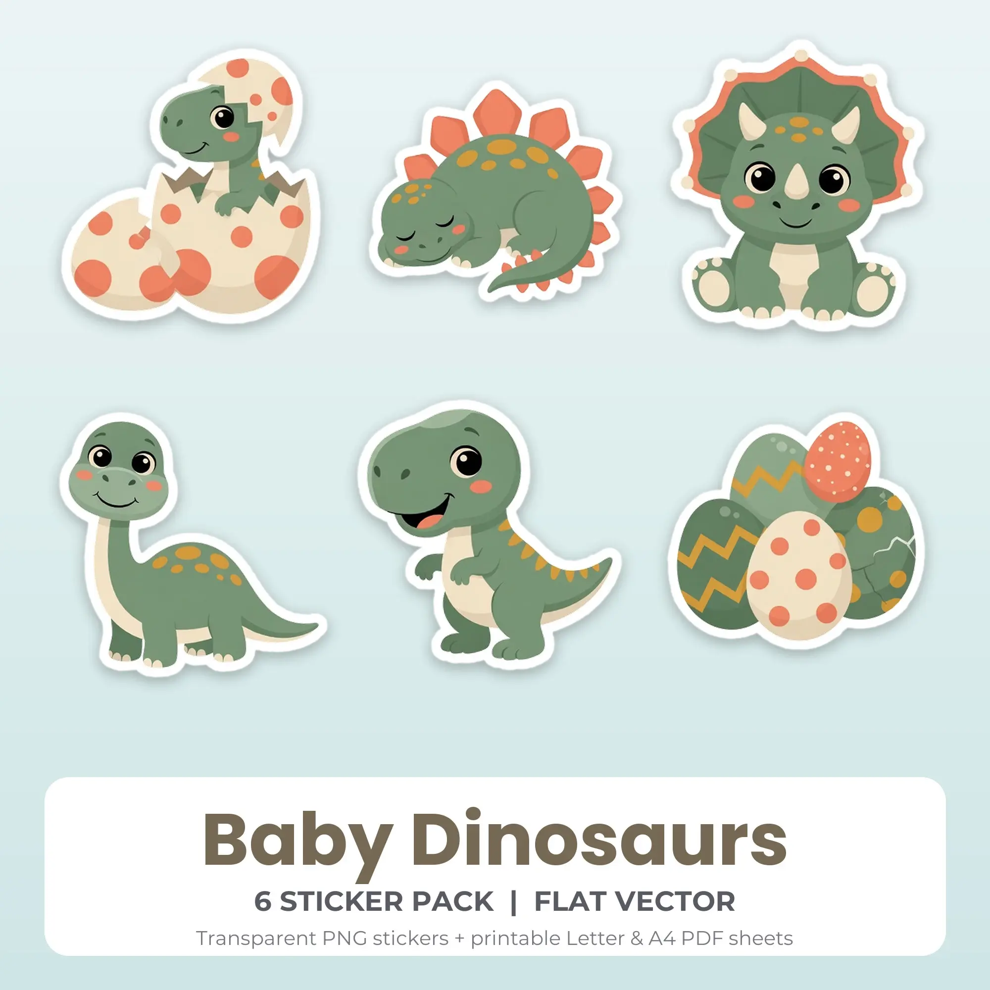 6 Baby Dinosaurs Stickers - Printable Sticker Sheet PDF preview