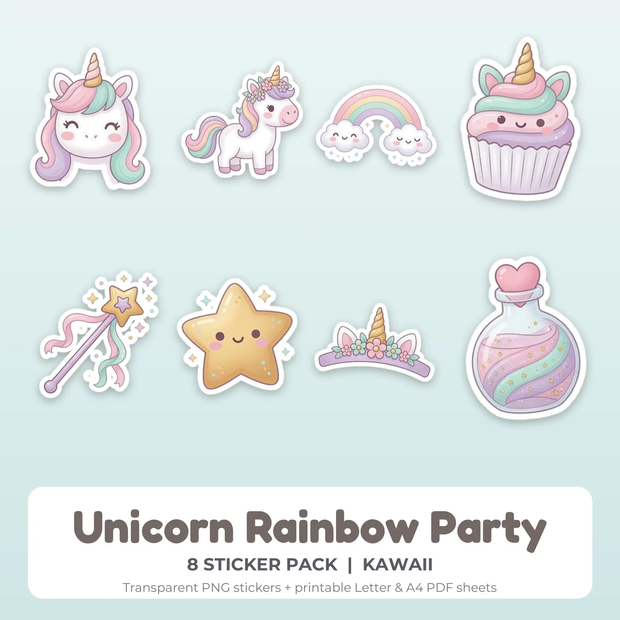 Unicorn Rainbow Party Stickers, 8 PNG + Printable PDF Sheet preview