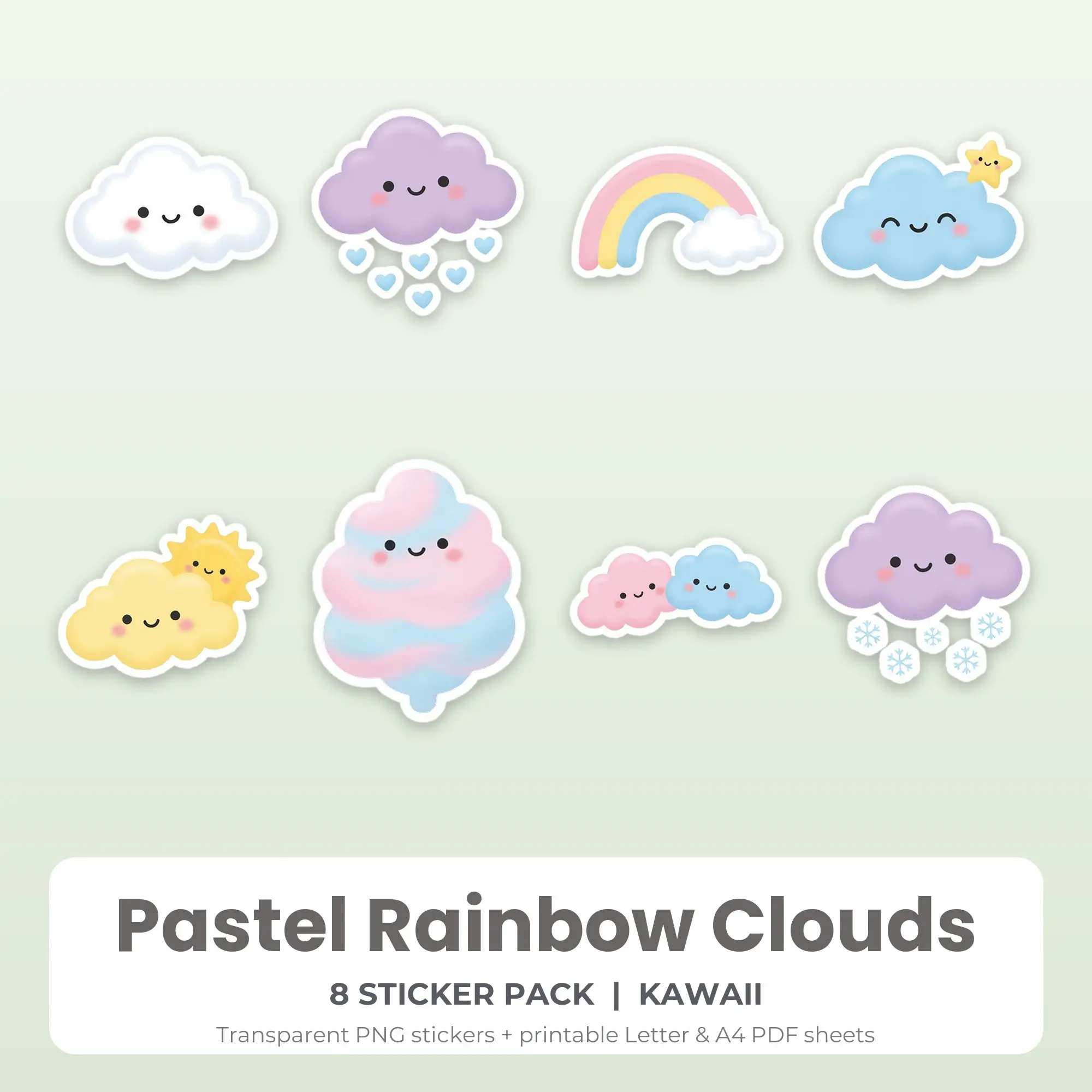 Printable Pastel Rainbow Clouds Sticker Pack, Kawaii Style - 8 PNG preview