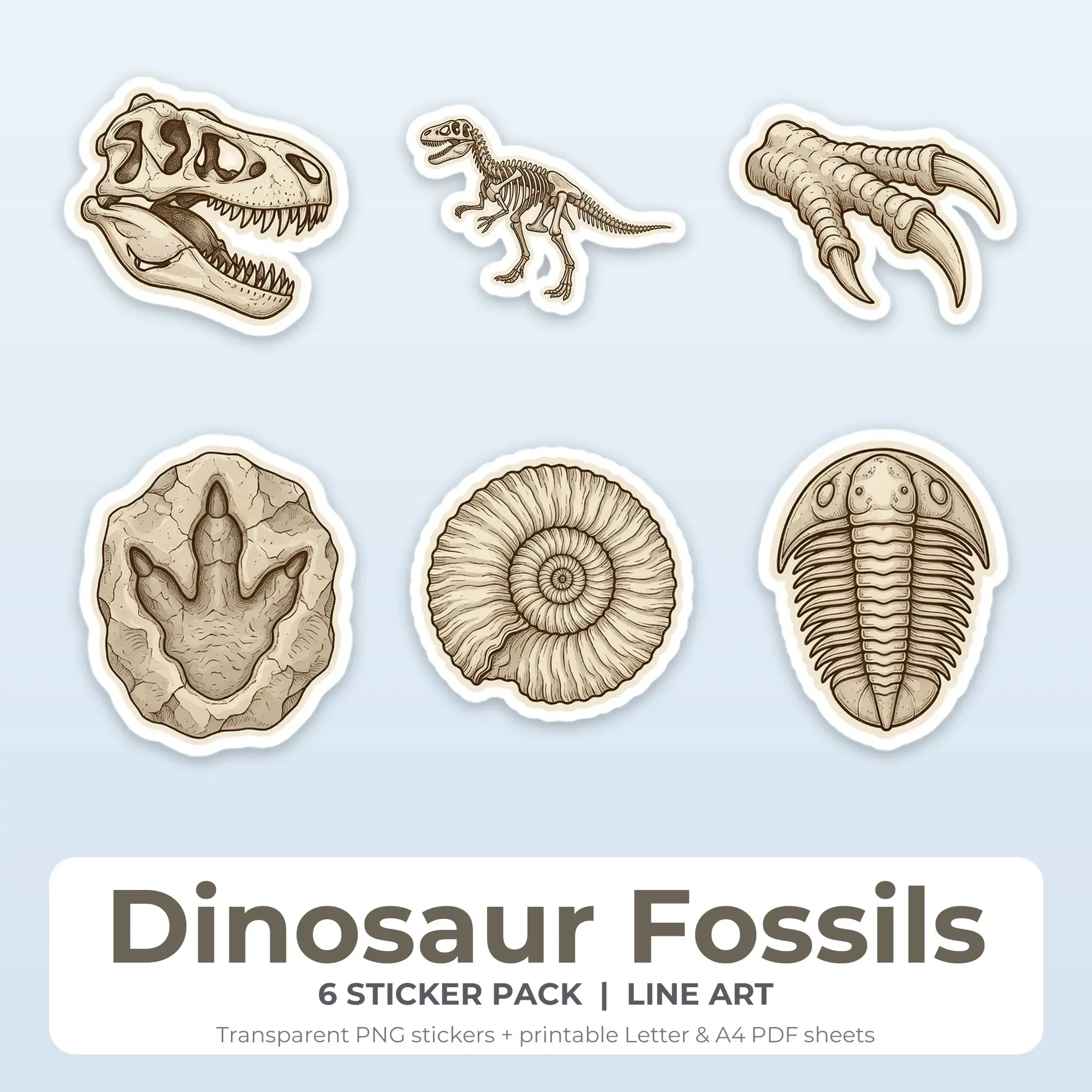 Dinosaur Fossils Stickers, 6 PNG + Printable PDF Sheet preview