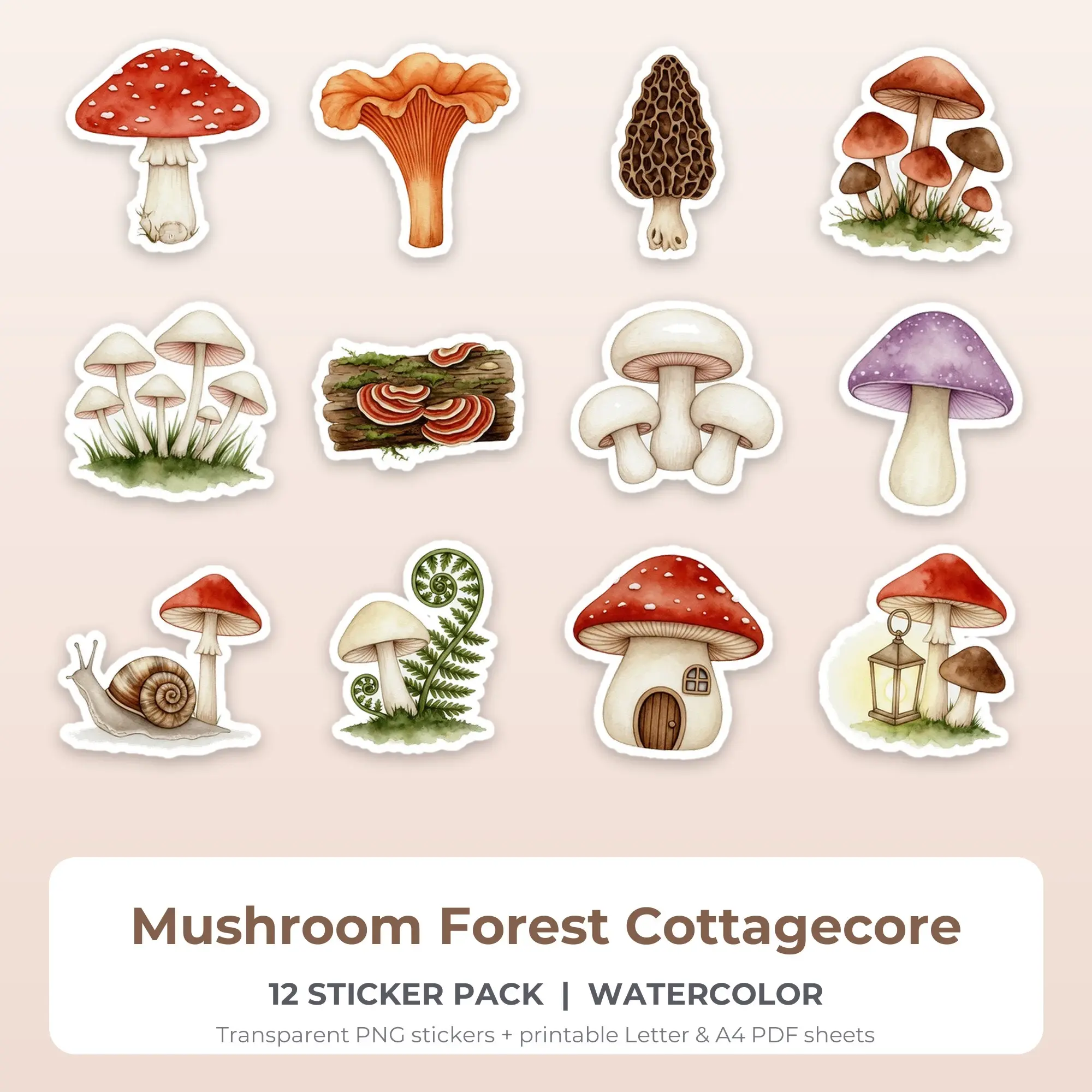 Watercolor Mushroom Forest Cottagecore Sticker Set - 12 Printable PNG preview