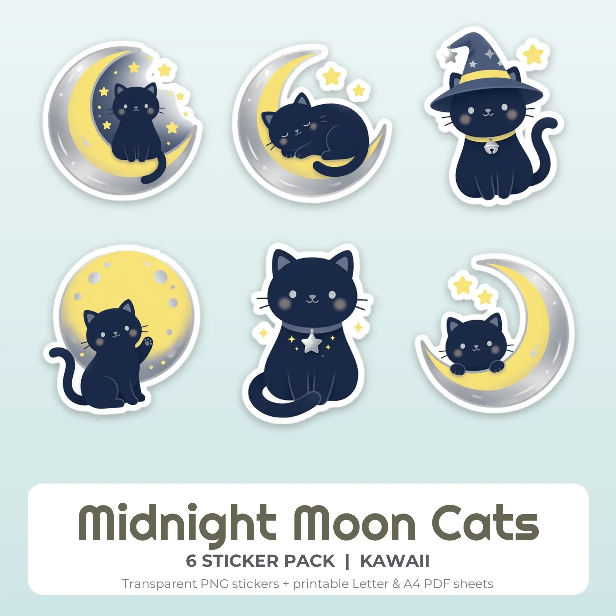 Midnight Moon Cats Printable Stickers - 6 Die-Cut PNG + PDF preview