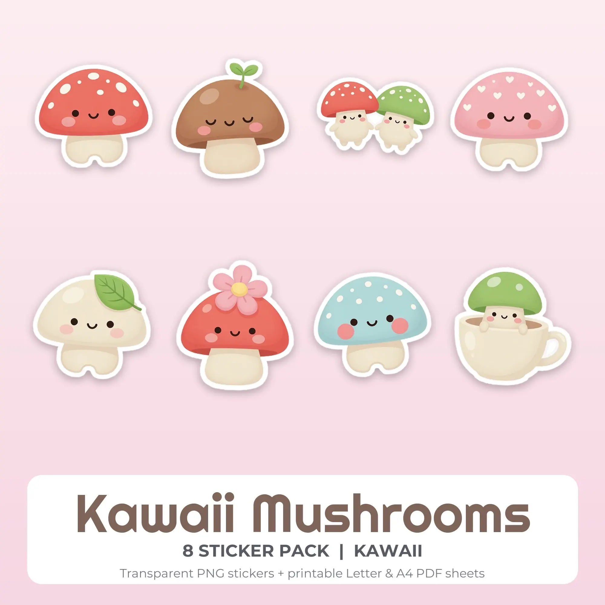 Kawaii Mushrooms Stickers, 8 PNG + Printable PDF Sheet preview