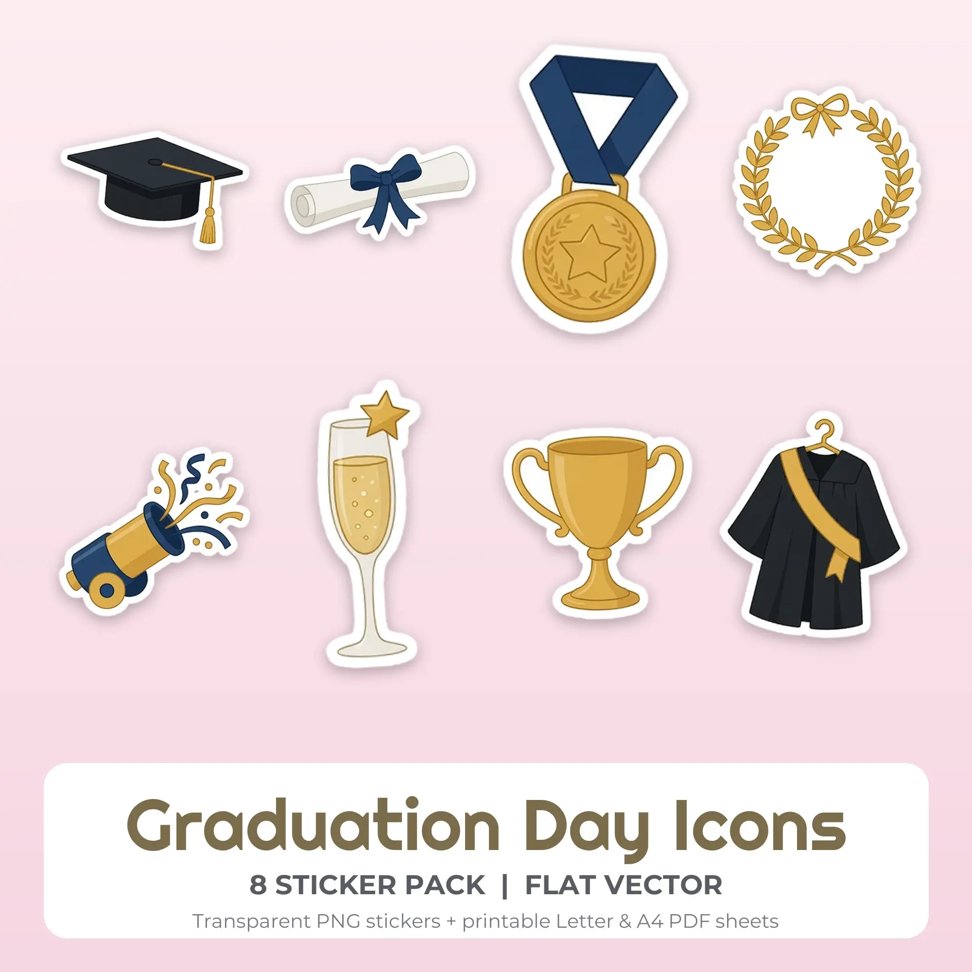 8 Graduation Day Icons Stickers - Printable Sticker Sheet PDF preview