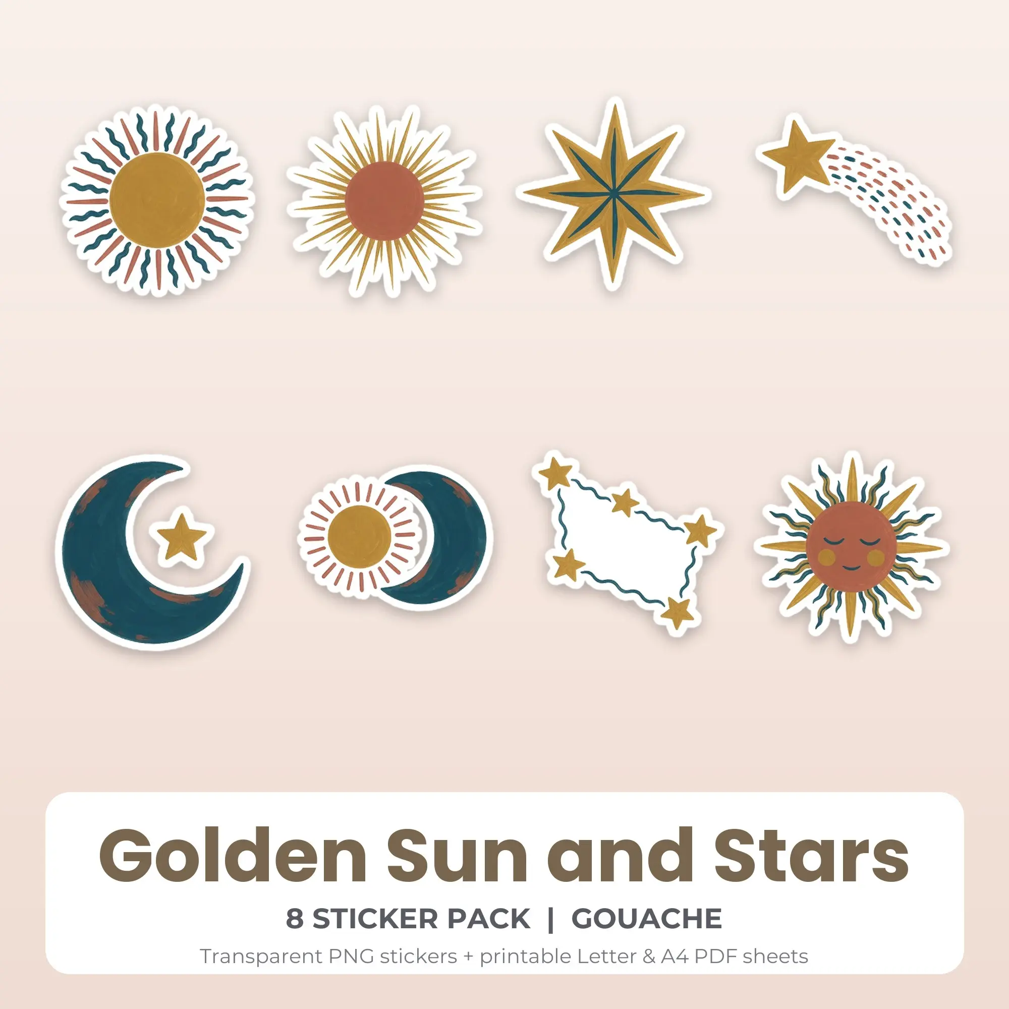 Golden Sun and Stars Sticker Pack - 8 Printable Stickers preview
