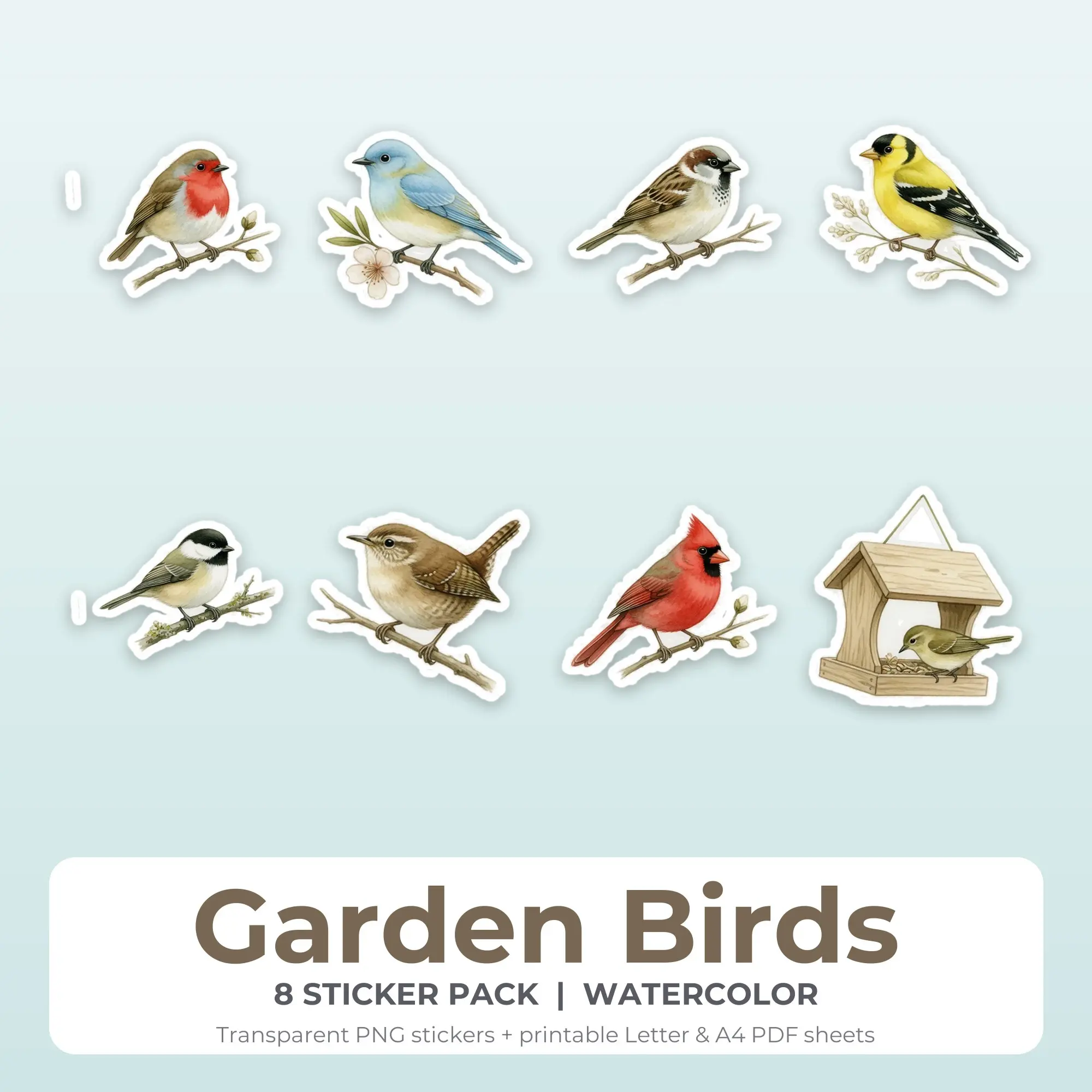 Printable Garden Birds Sticker Pack, Watercolor Style - 8 PNG preview