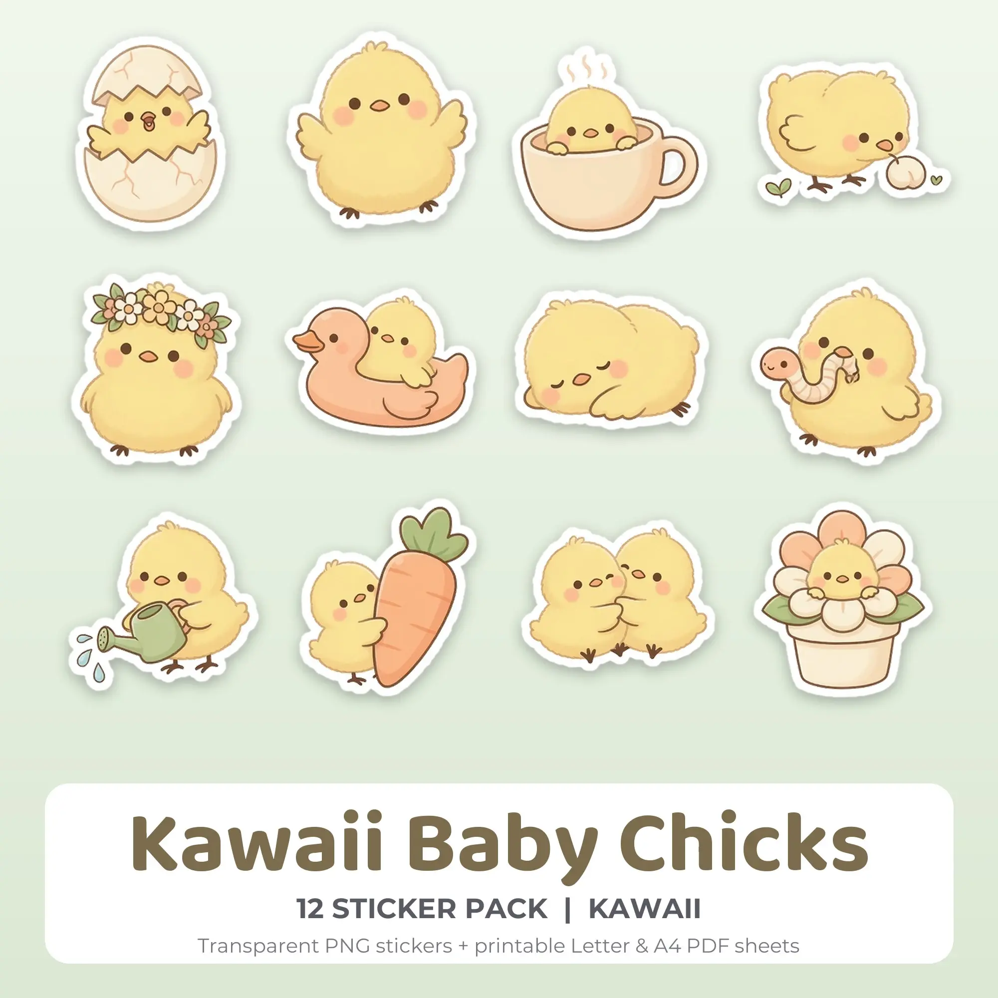 Printable Kawaii Baby Chicks Sticker Pack, Kawaii Style - 12 PNG preview