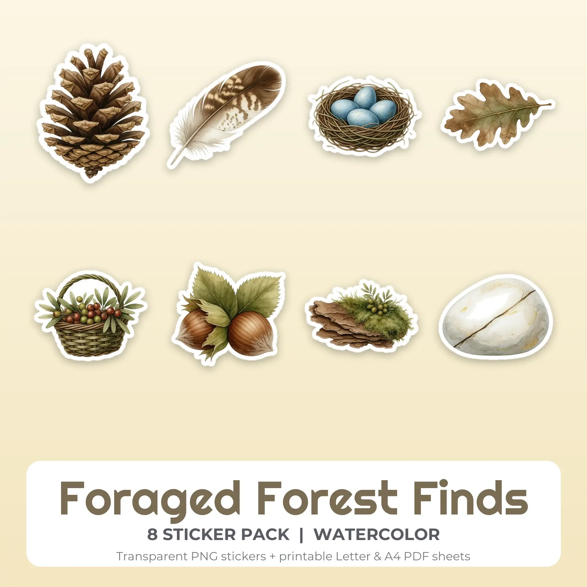 Watercolor Foraged Forest Finds Sticker Set - 8 Printable PNG preview