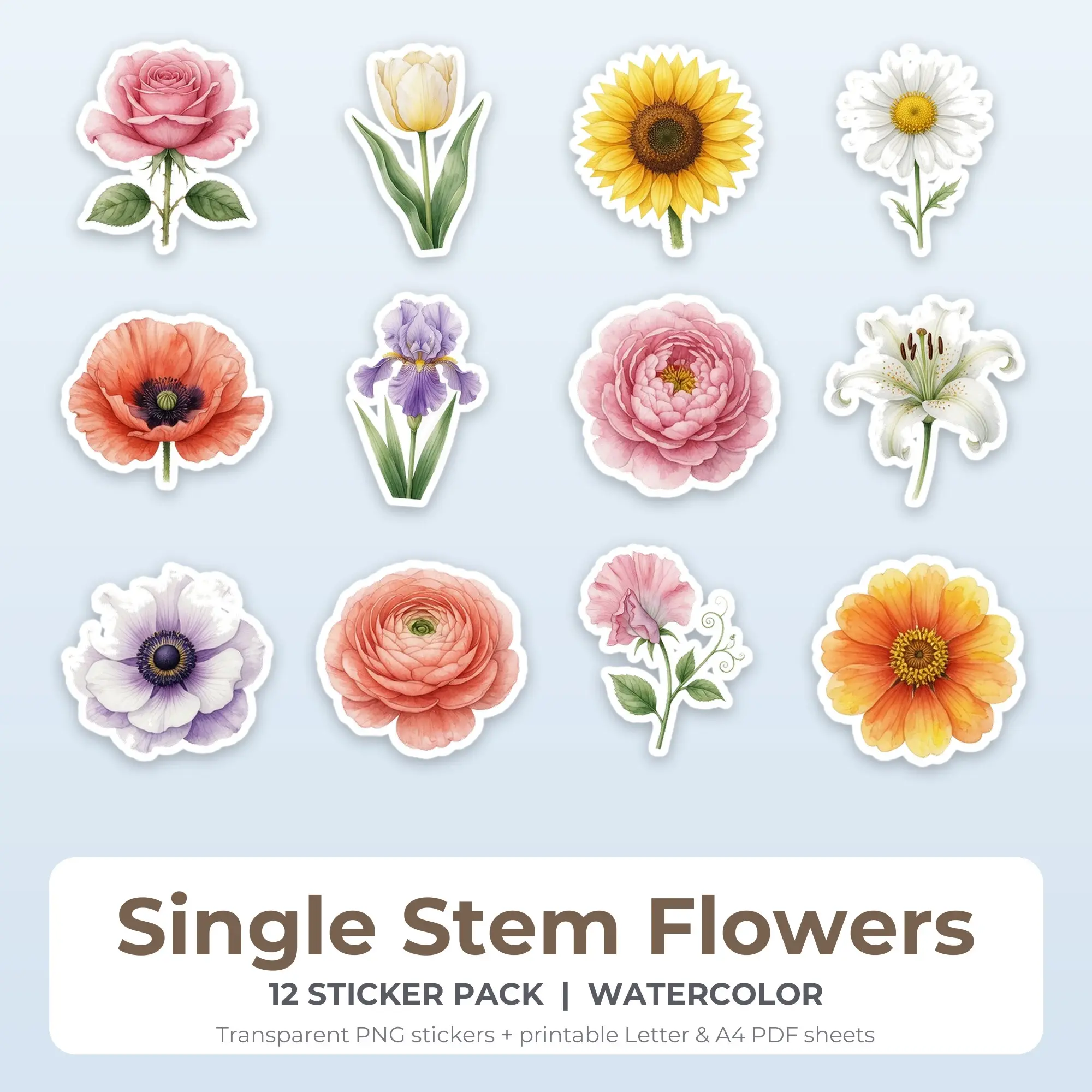 Single Stem Flowers Printable Stickers - 12 Die-Cut PNG + PDF preview