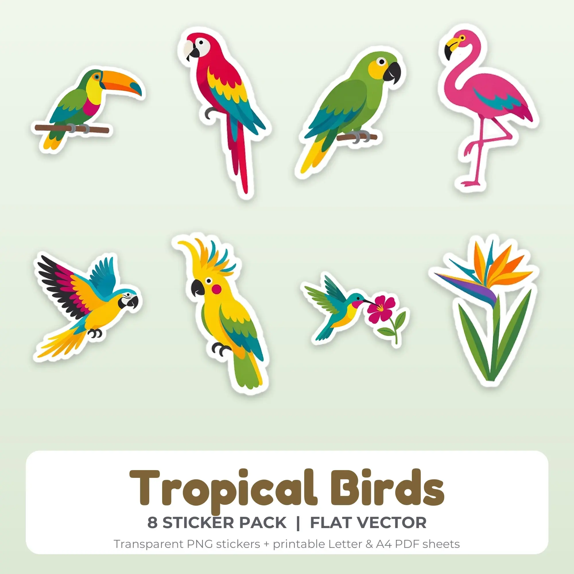 Tropical Birds Stickers, 8 PNG + Printable PDF Sheet preview