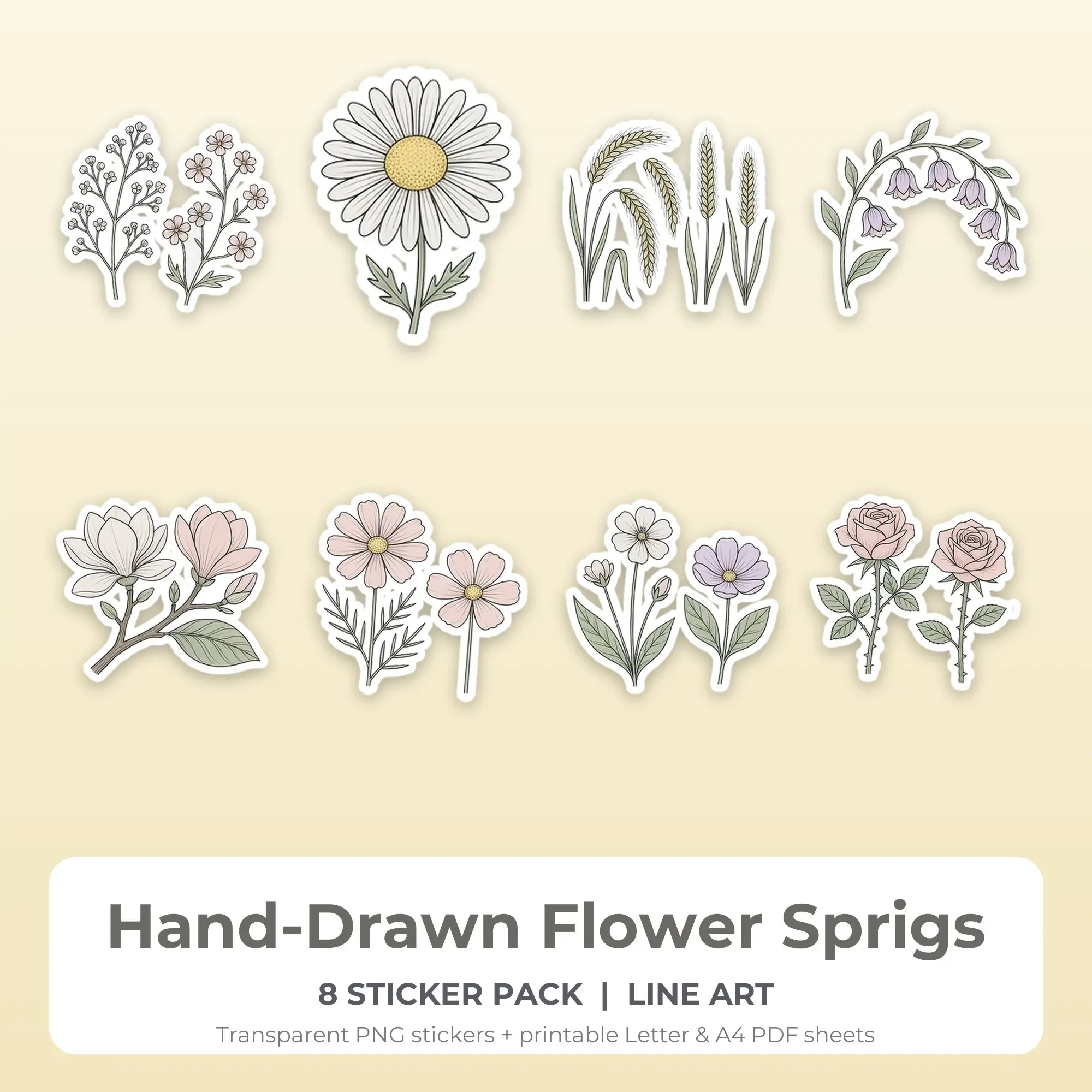 Hand-Drawn Flower Sprigs Stickers, 8 PNG + Printable PDF Sheet preview