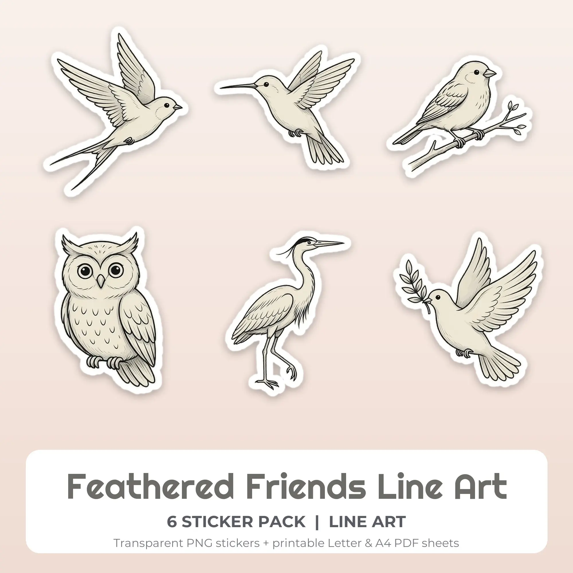 Feathered Friends Line Art Printable Stickers - 6 Die-Cut PNG + PDF preview