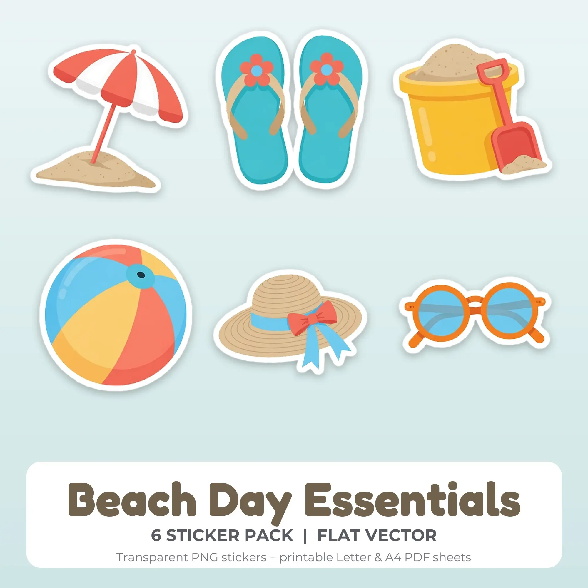 Beach Day Essentials Printable Stickers - 6 Die-Cut PNG + PDF preview