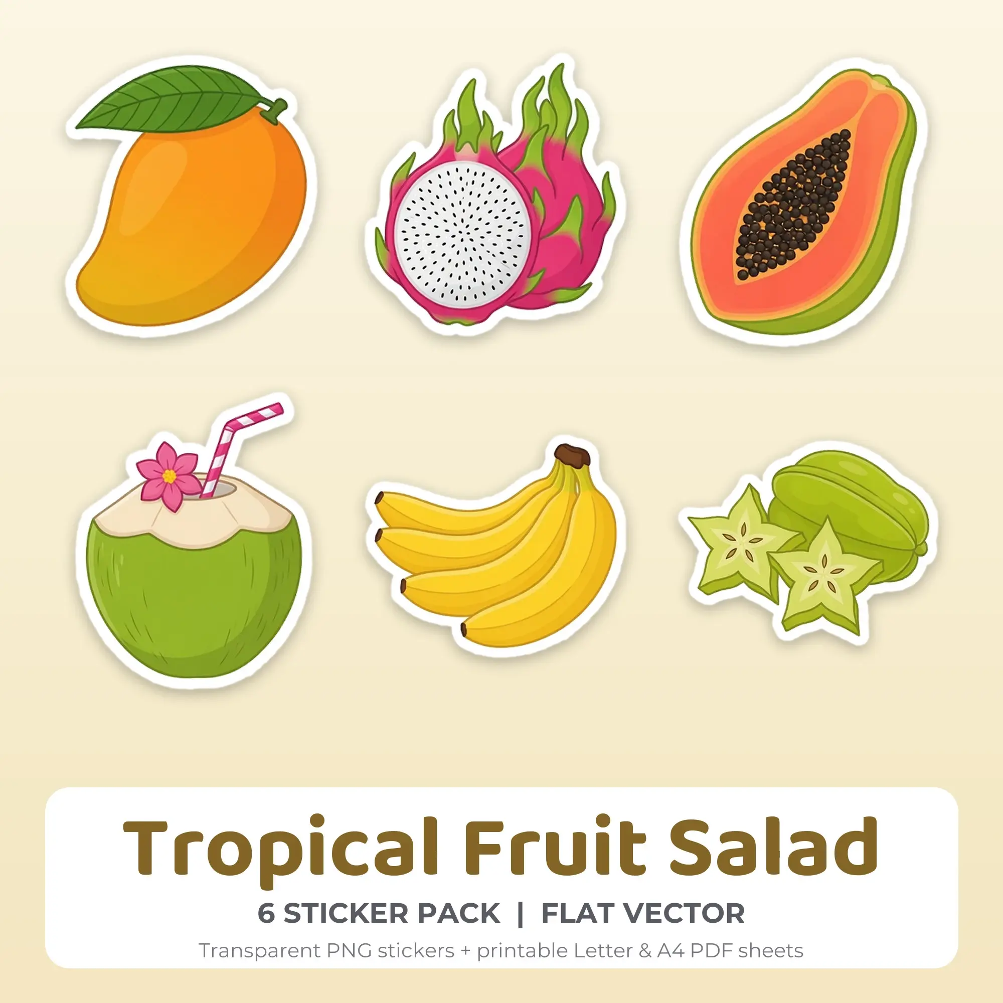 Tropical Fruit Salad Stickers, 6 PNG + Printable PDF Sheet preview