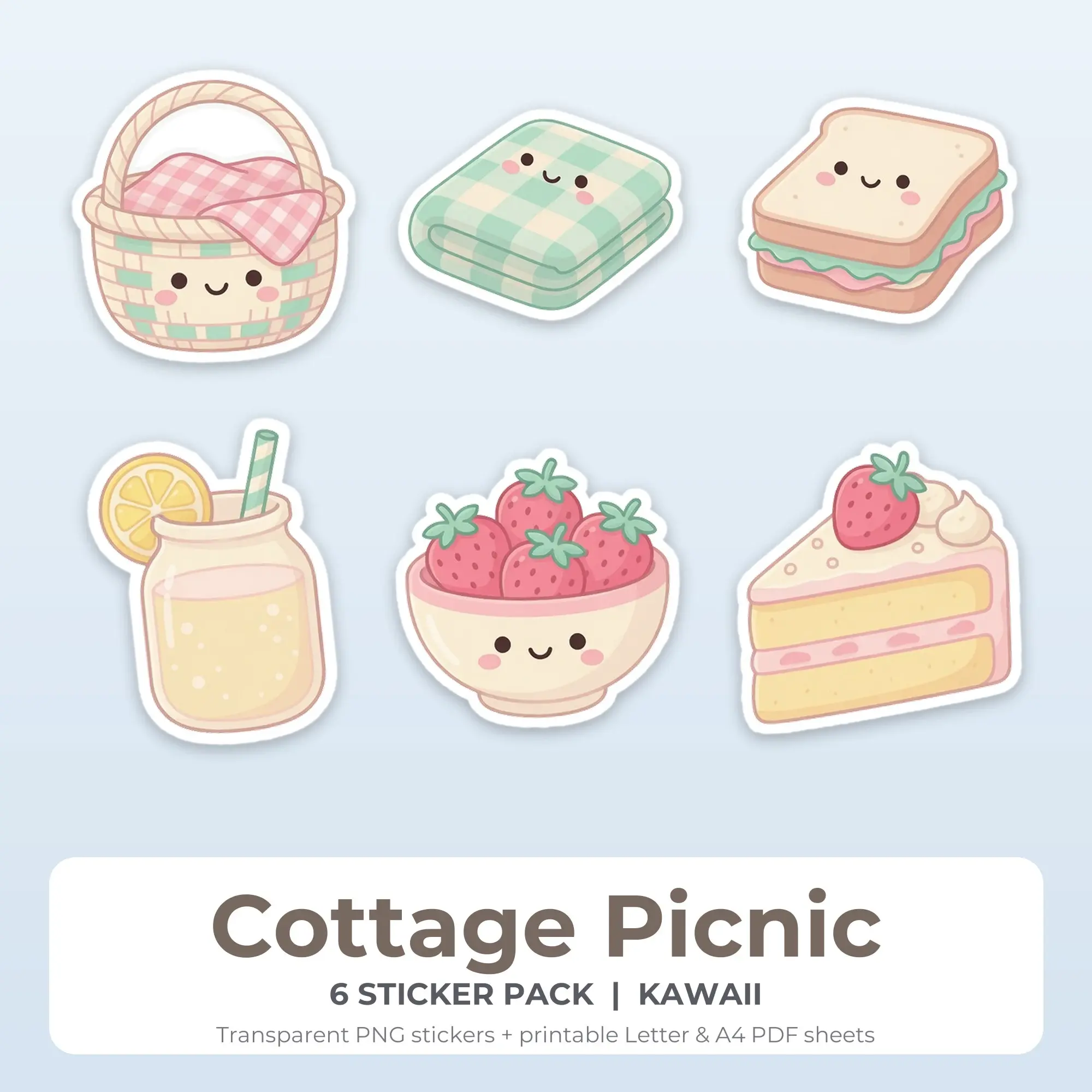 Printable Cottage Picnic Sticker Pack, Kawaii Style - 6 PNG preview