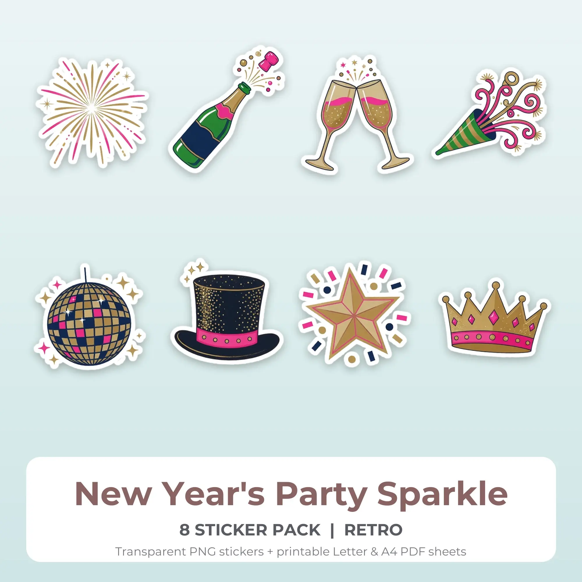 New Year's Party Sparkle Stickers, 8 PNG + Printable PDF Sheet preview