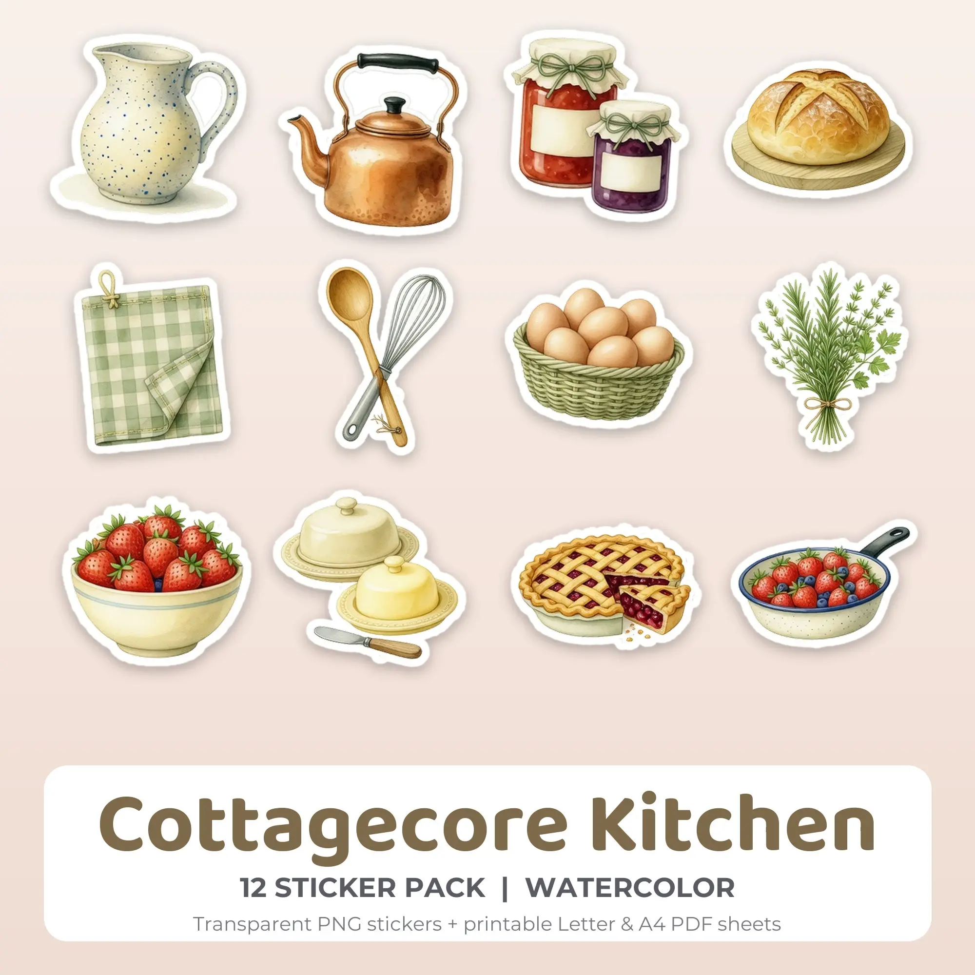 Printable Cottagecore Kitchen Sticker Pack, Watercolor Style - 12 PNG preview