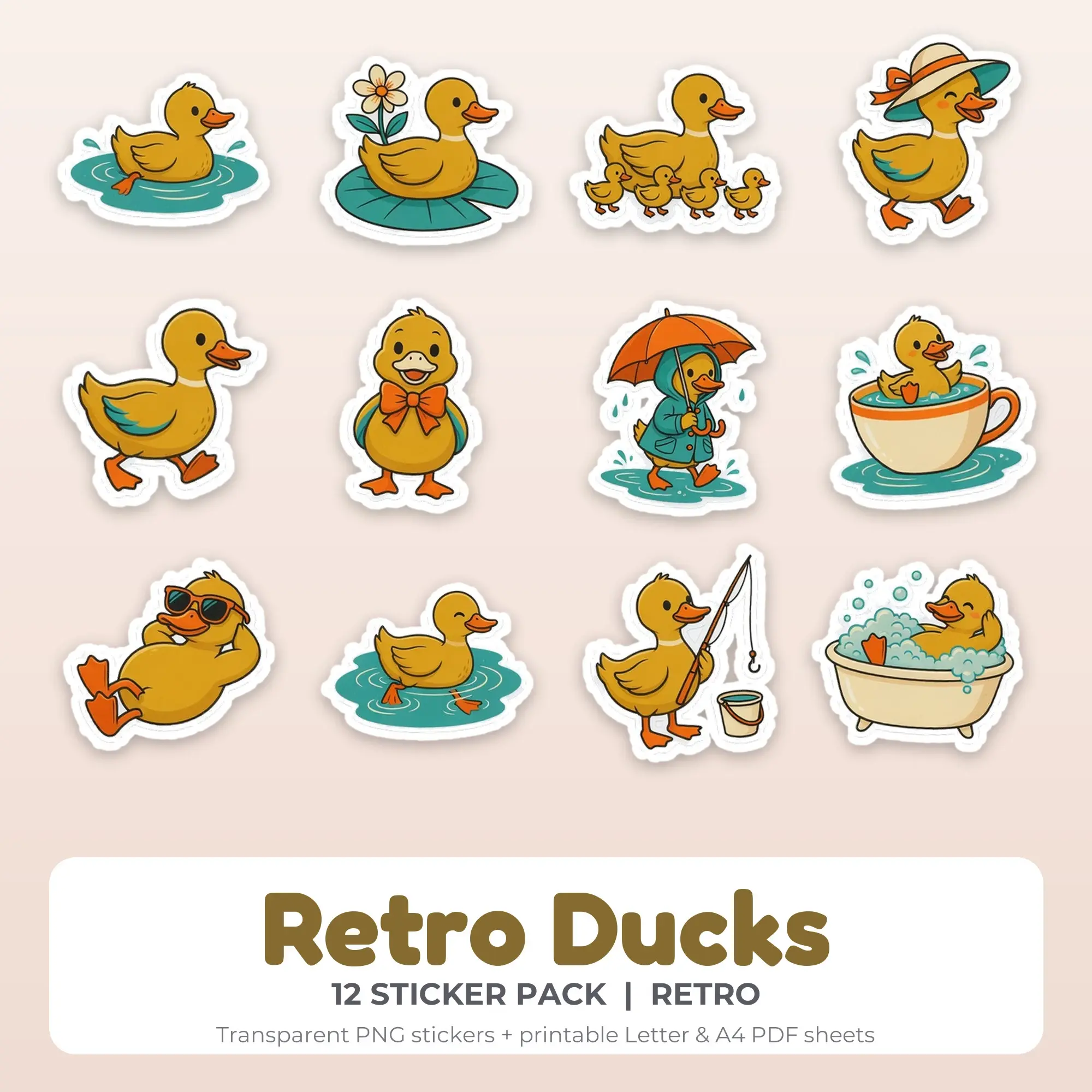 Retro Ducks Sticker Pack - 12 Printable Stickers preview