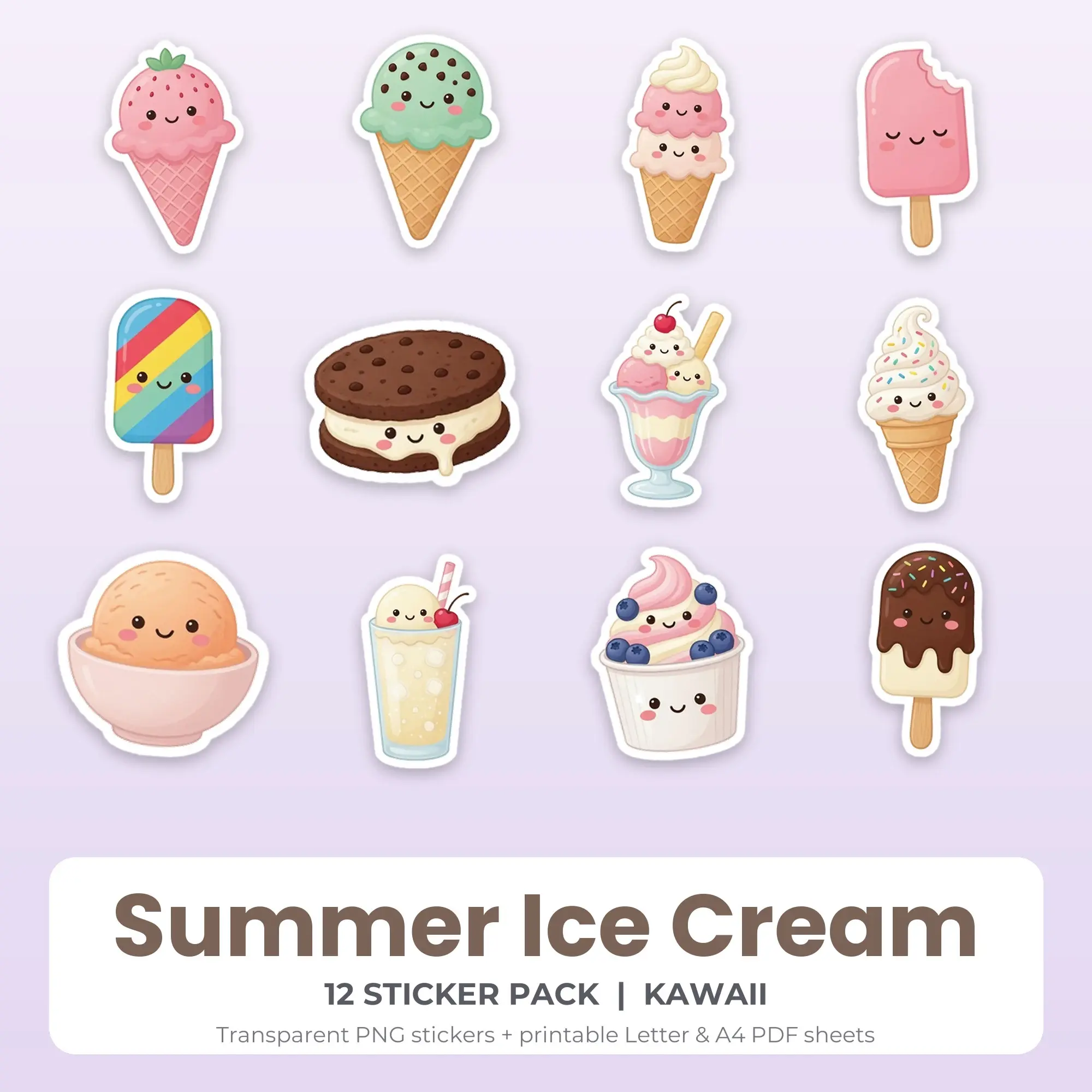Summer Ice Cream Printable Stickers - 12 Die-Cut PNG + PDF preview