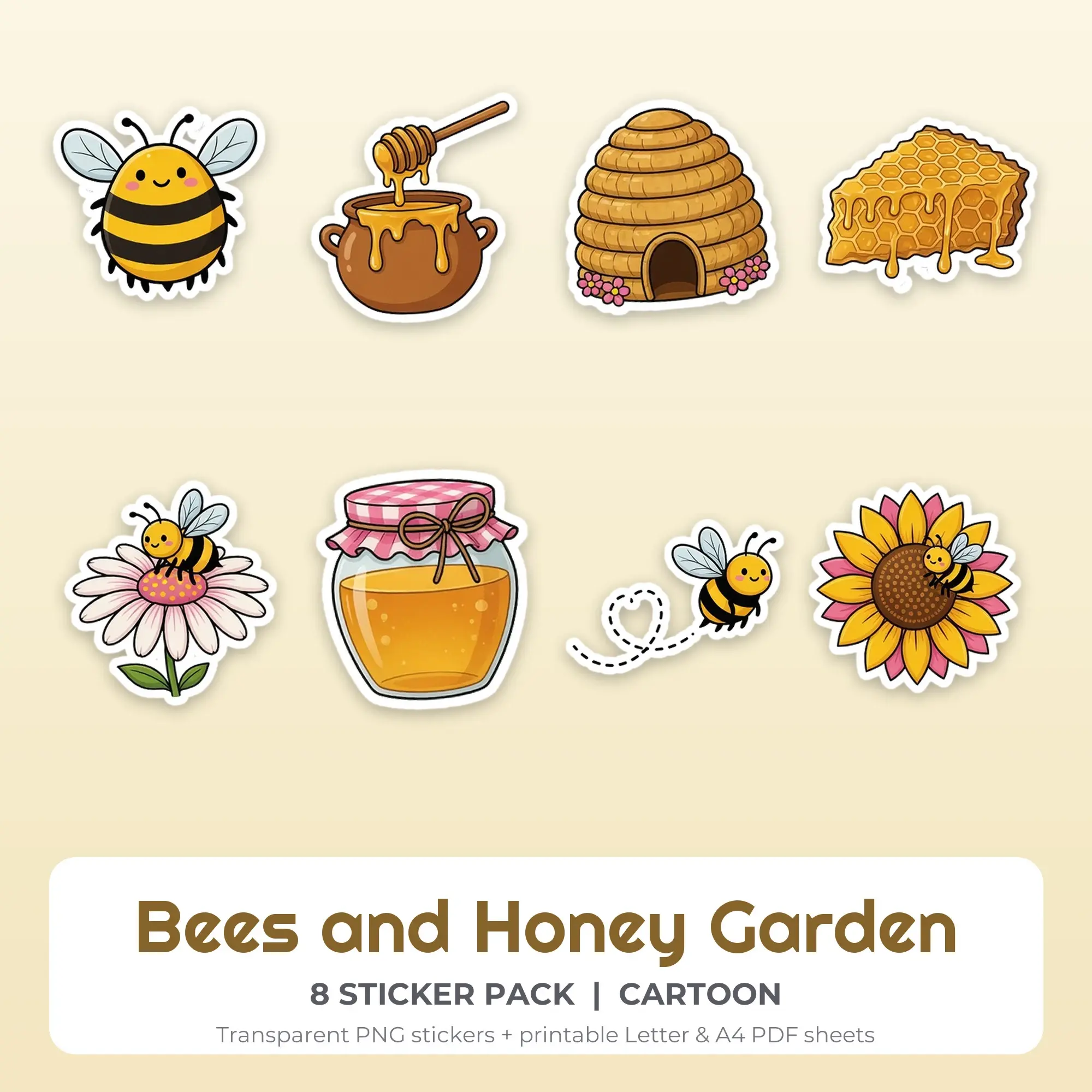 Cartoon Bees and Honey Garden Sticker Set - 8 Printable PNG preview