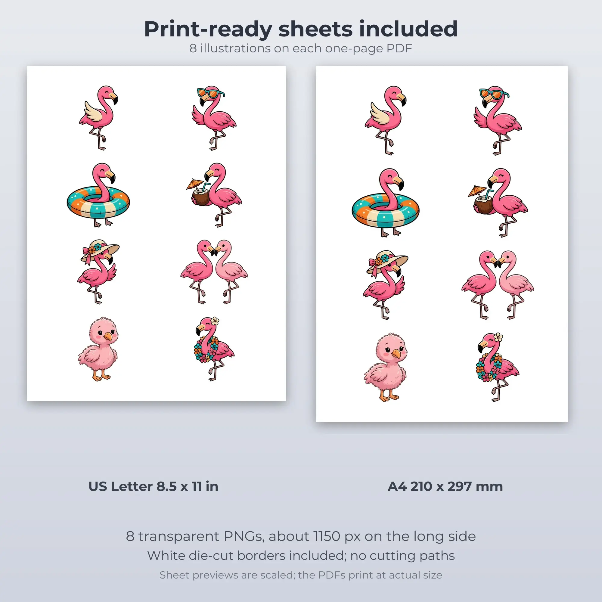 Flamingo Fun Printable Stickers - 8 Die-Cut PNG + PDF, preview 2 of 2