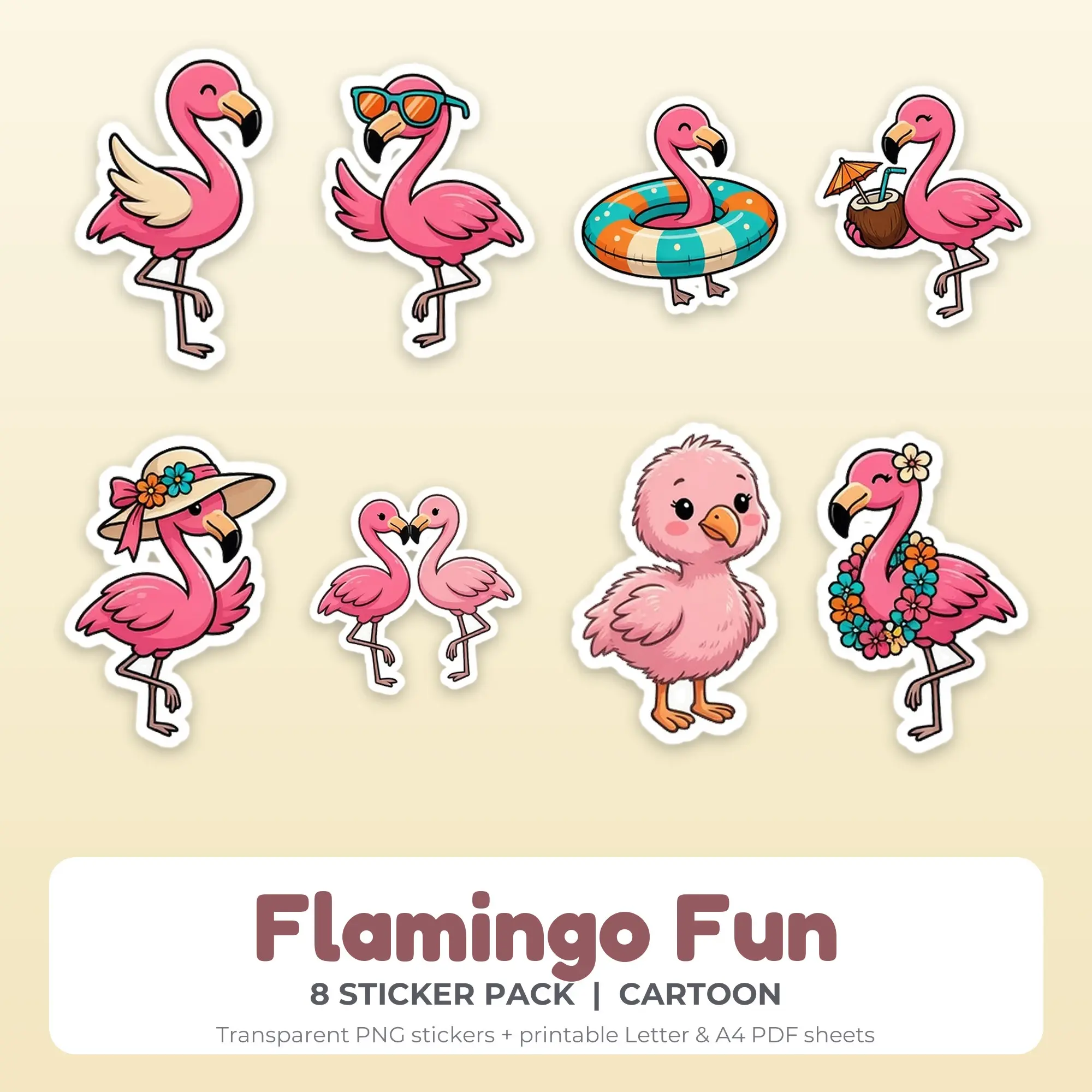 Flamingo Fun Printable Stickers - 8 Die-Cut PNG + PDF, preview 1 of 2